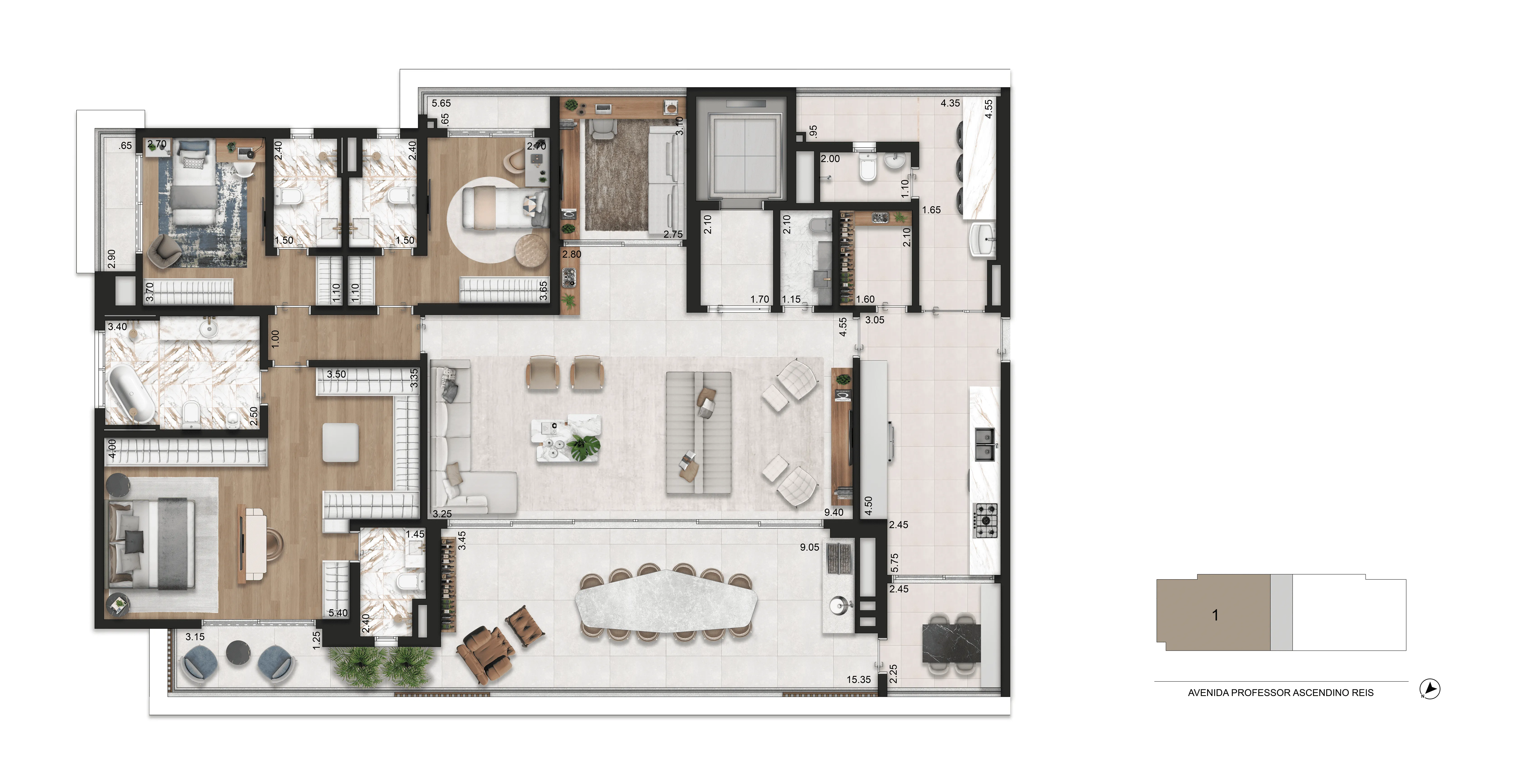 Planta Opção 254 m² | 3 dorms (3 suítes)