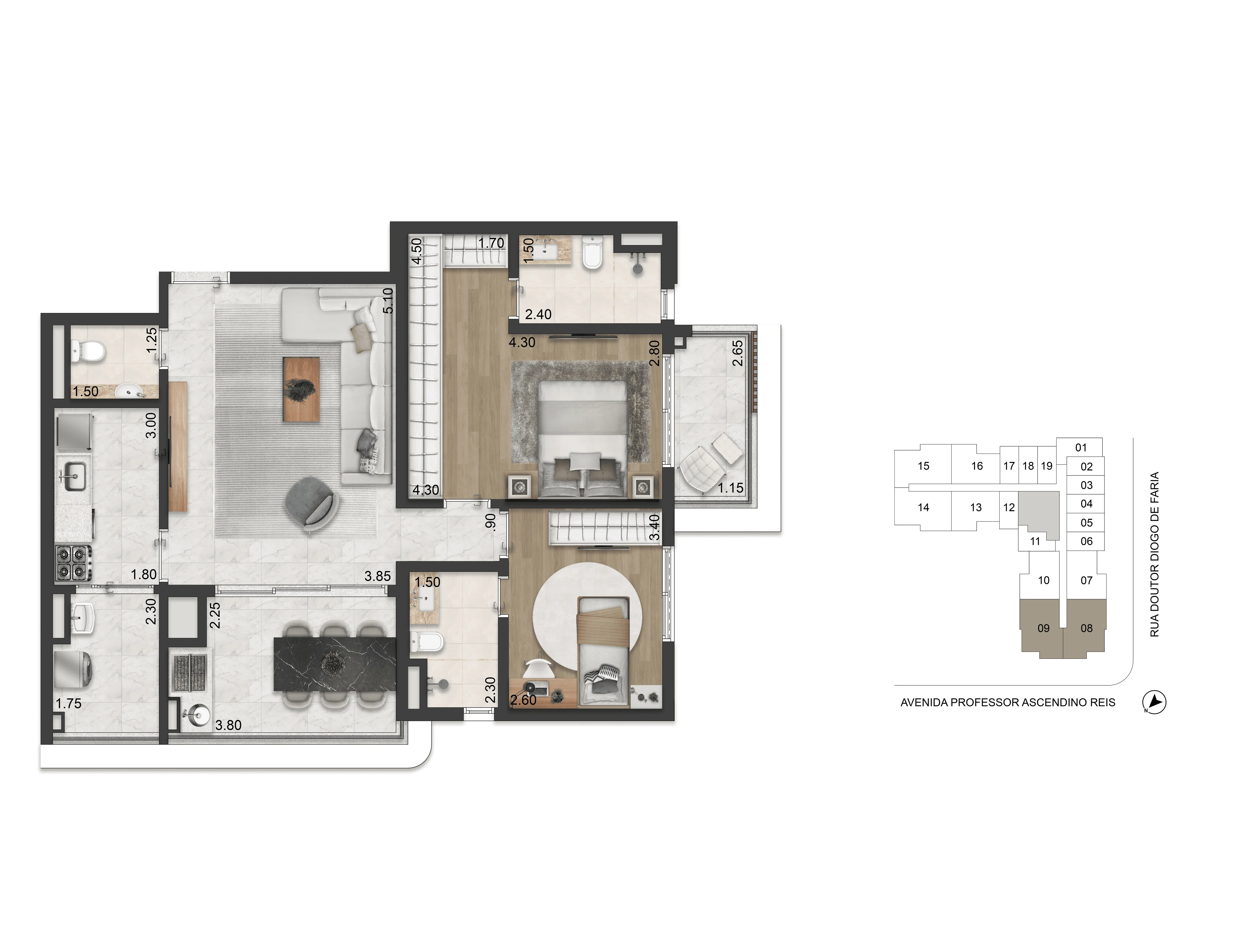 Planta Opção 88 m² | 2 dorms (2 suítes)