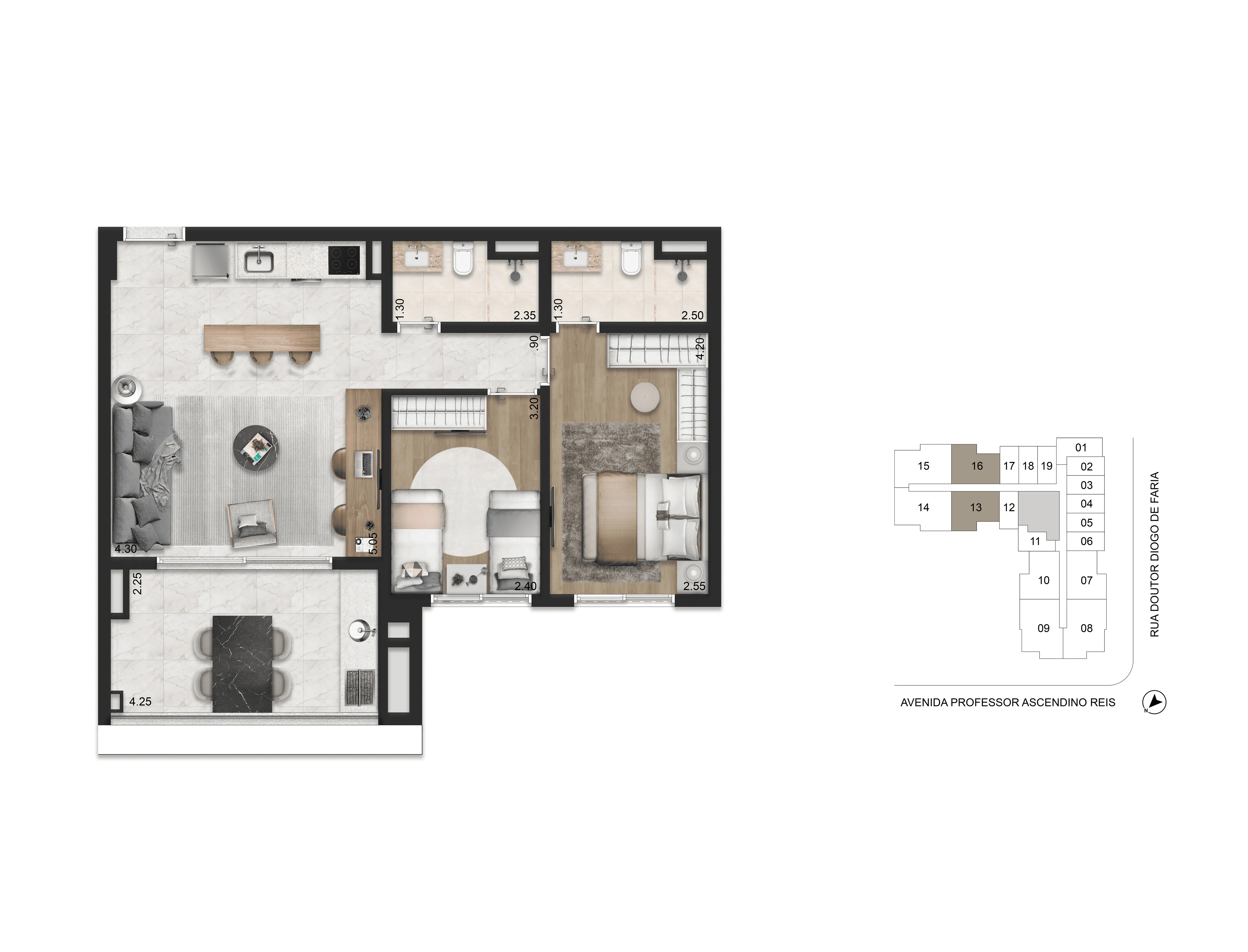 Planta-Tipo 68 m² | 2 dorms (1 suíte)