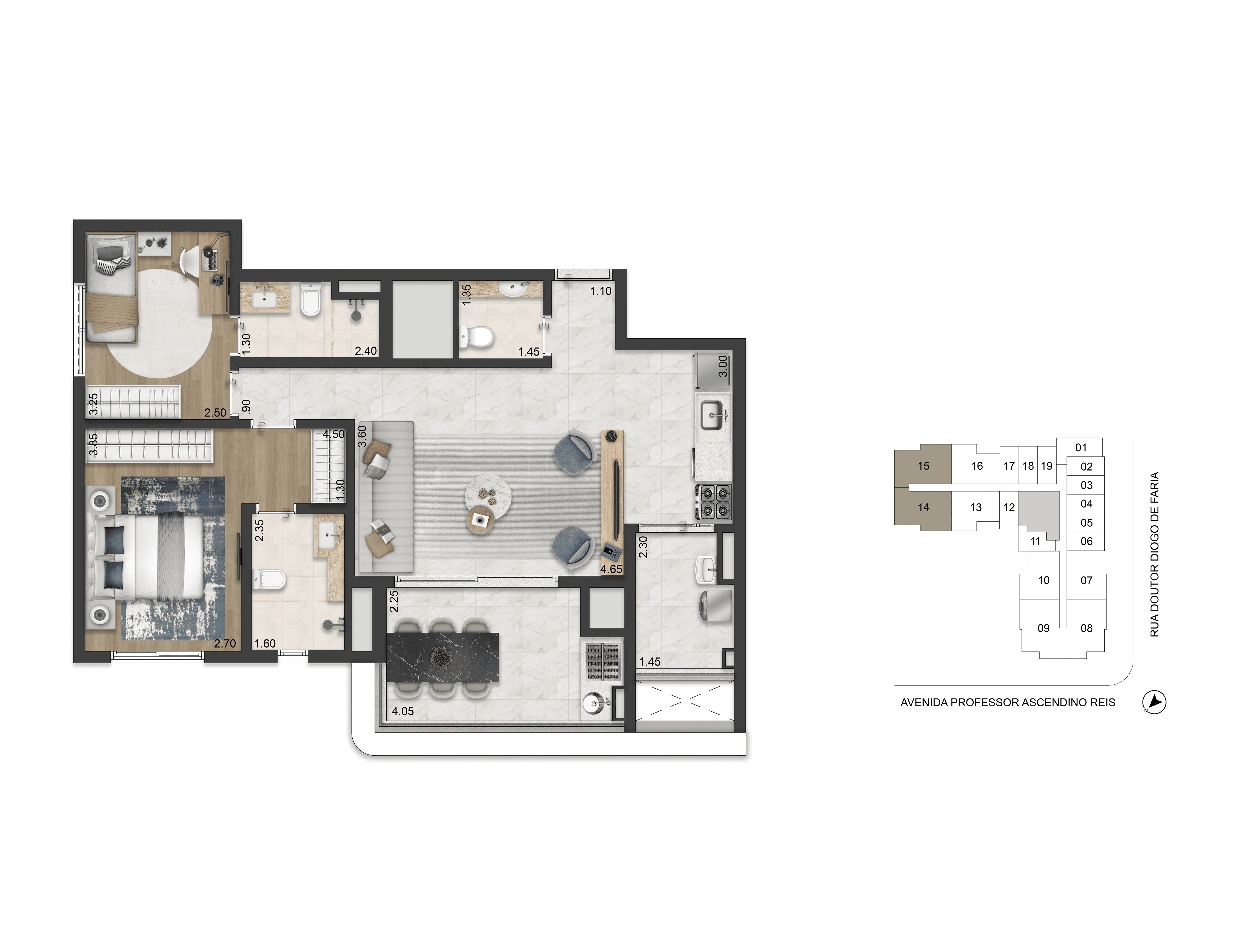 Torre 3 | Final 14 | Planta Opção 81m² | 2 suítes