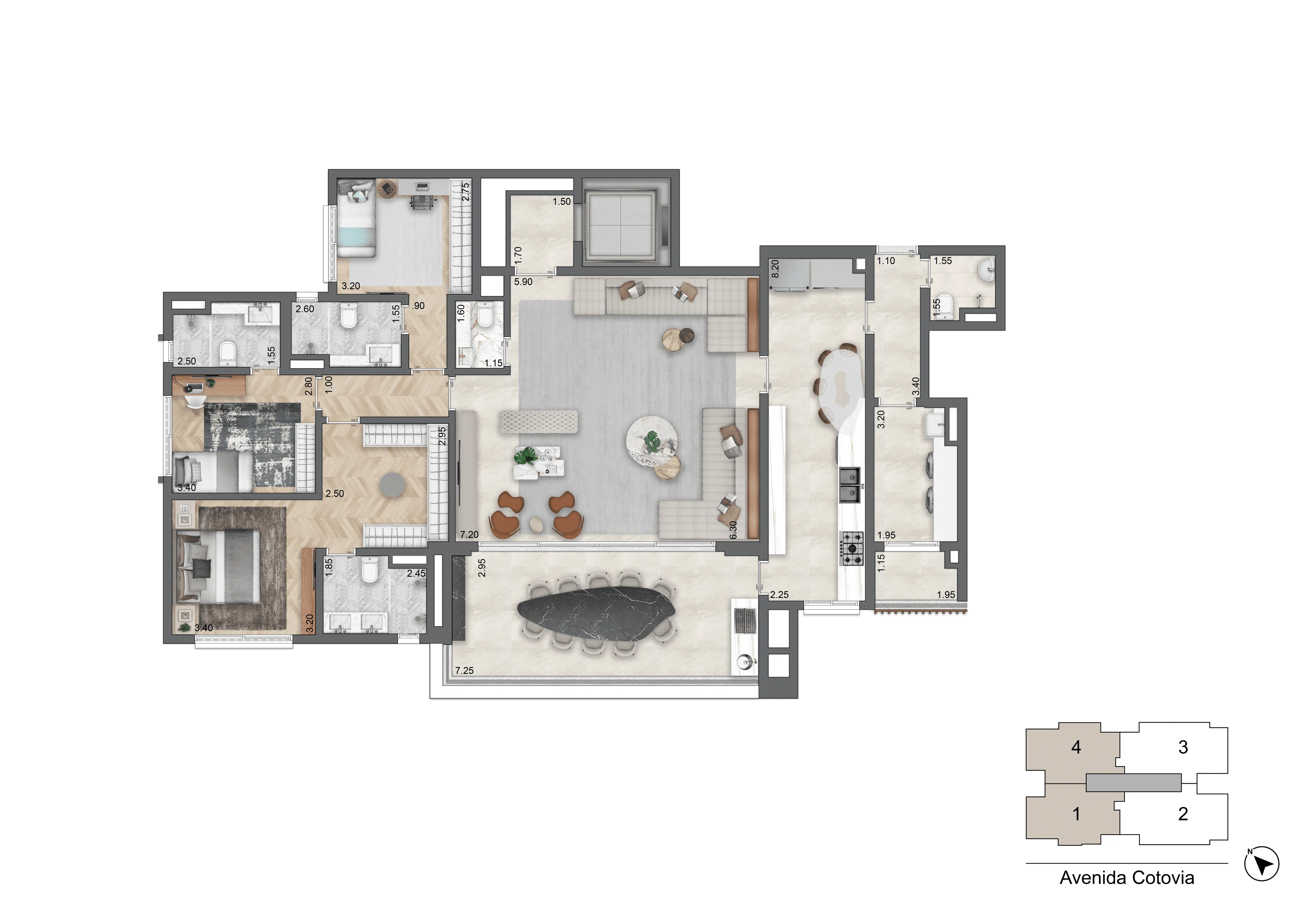Planta opção 180 m² | 3 dorms (3 suítes) | Torre 2