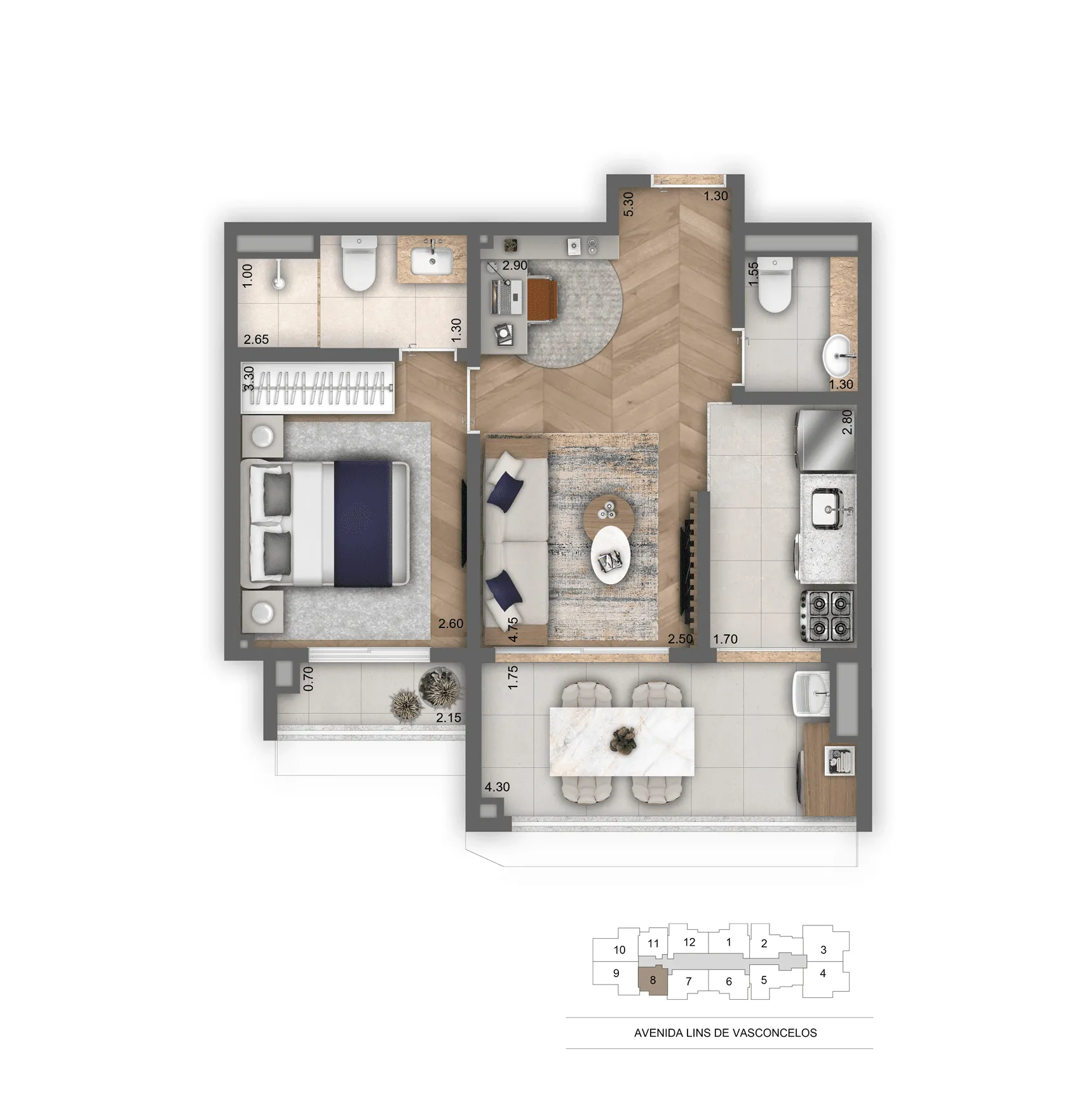 Planta-tipo 47 m² | 1 Suíte