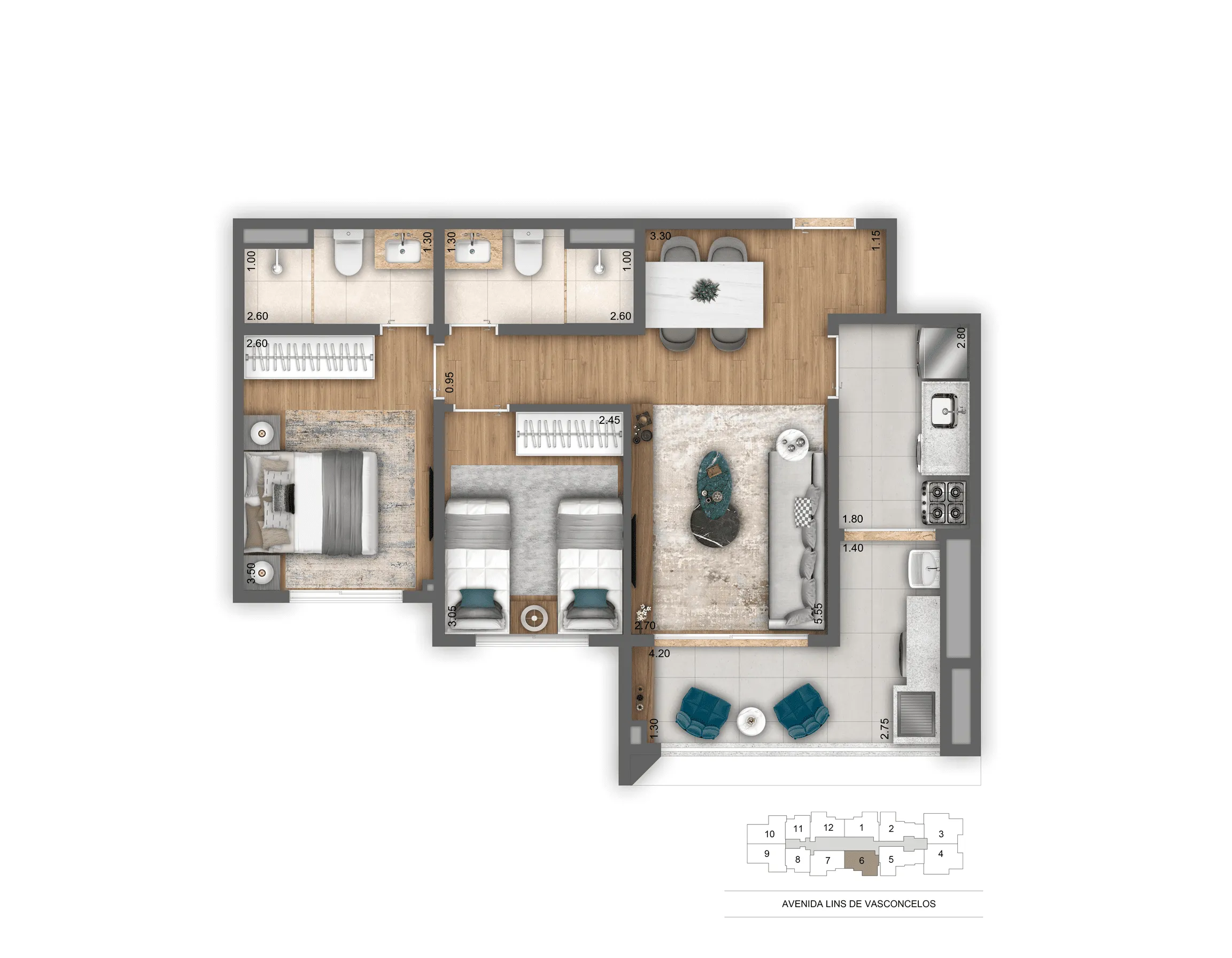 Planta-tipo 62 m² | 2 Dorms. (1 Suíte)