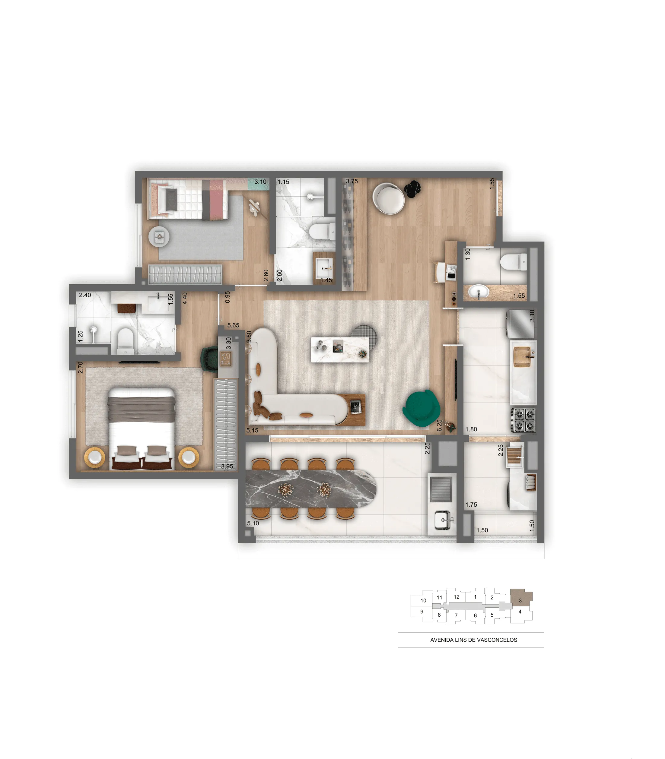 Planta Opção 89 m² | 2 Suítes