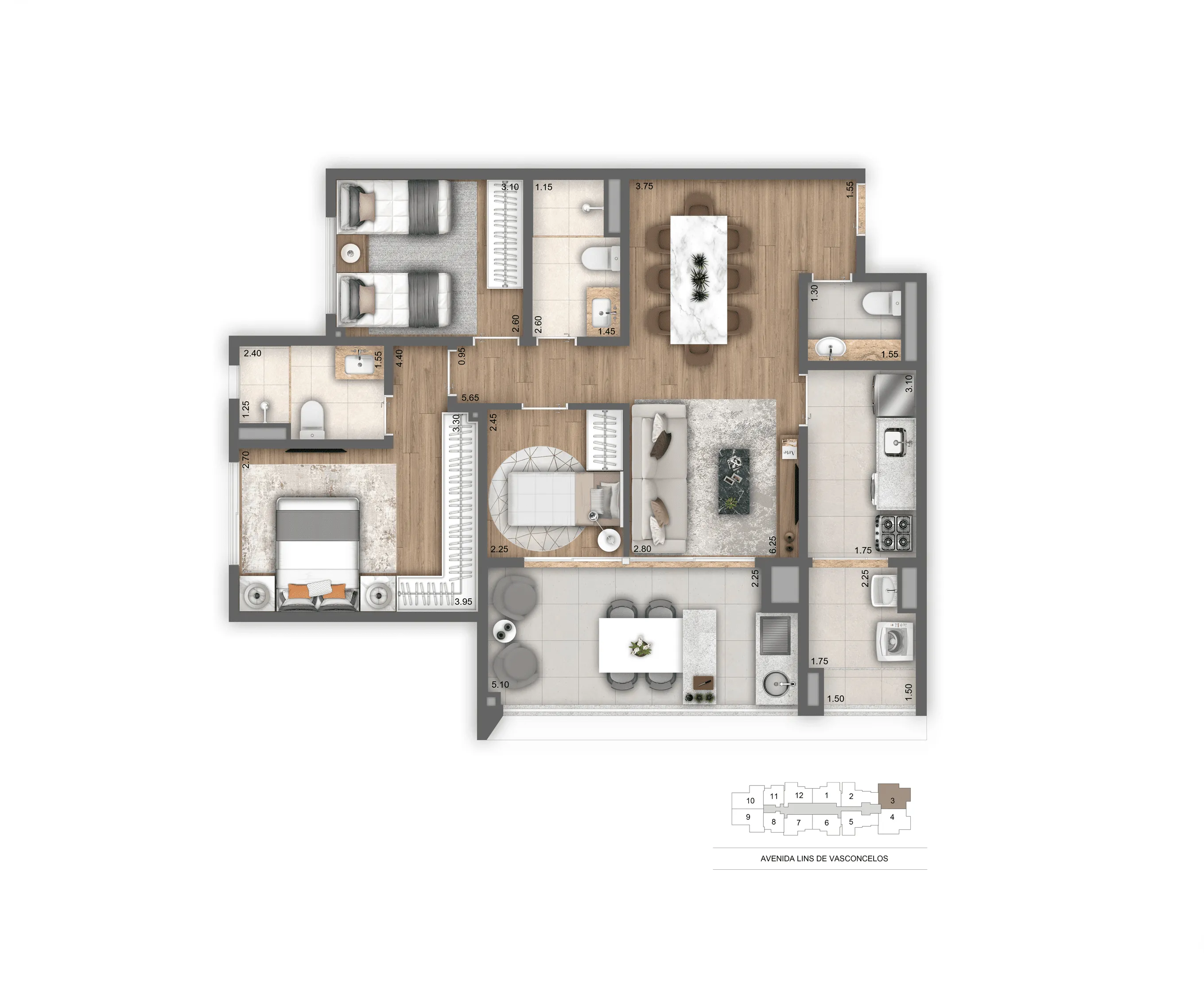 Planta-tipo 89 m² | 3 Dorms. (1 Suíte)