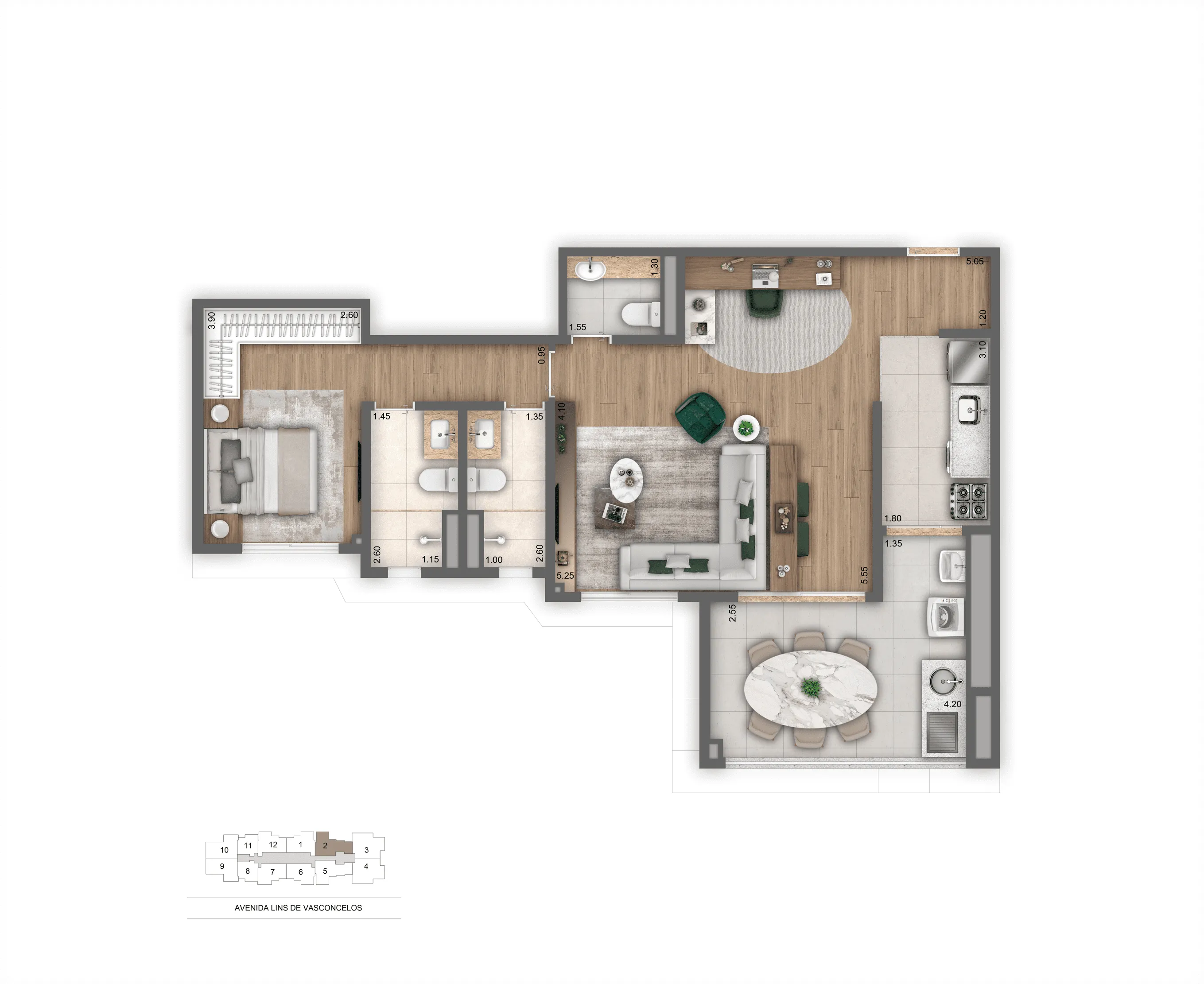 Planta Opção 79 m² | 1 Suíte com Banheiro Sr. e Sra.