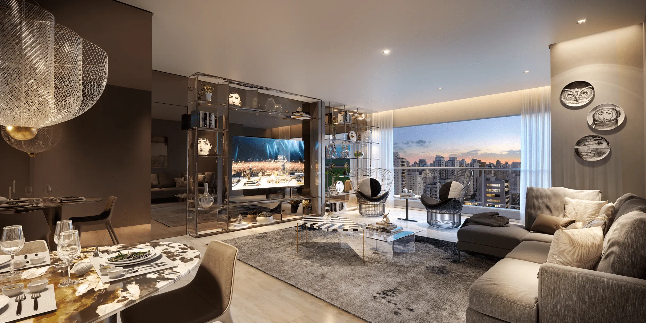 Perspectiva Ilustrada do Living Decorado 110 m²