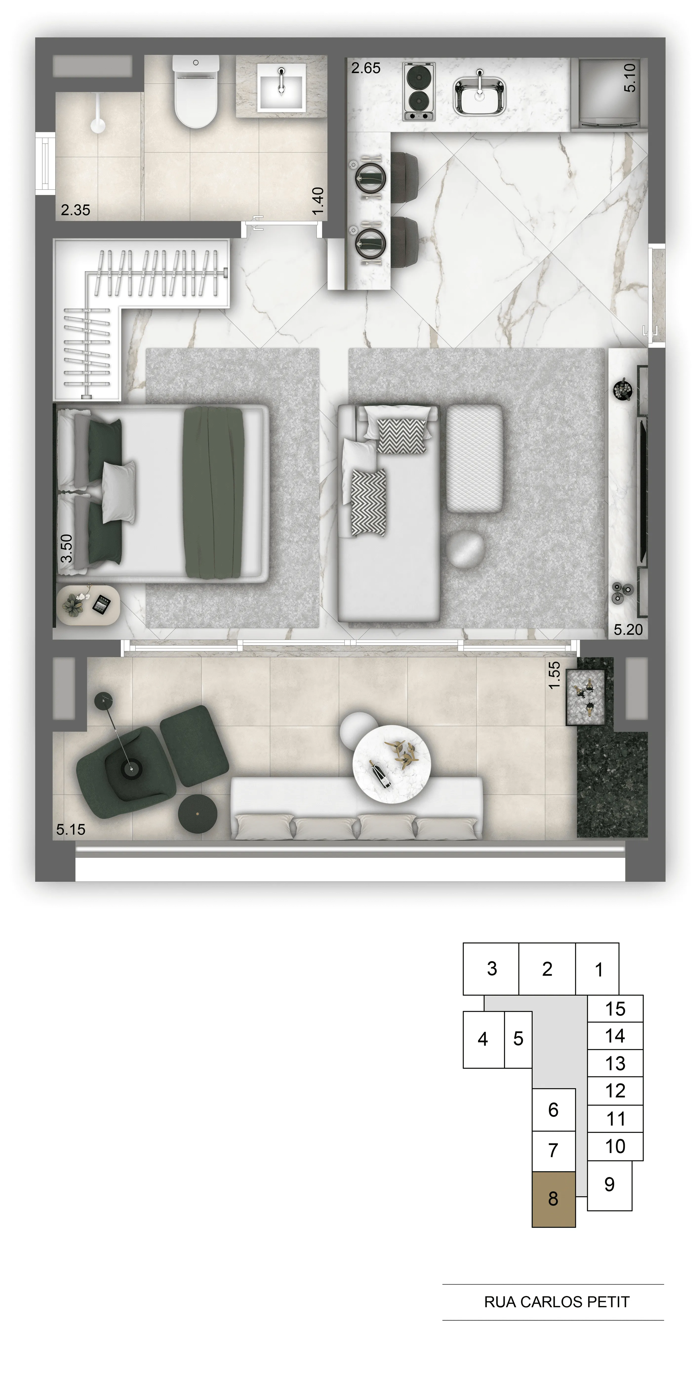 Planta-tipo 38 m² | 1 Dorm.