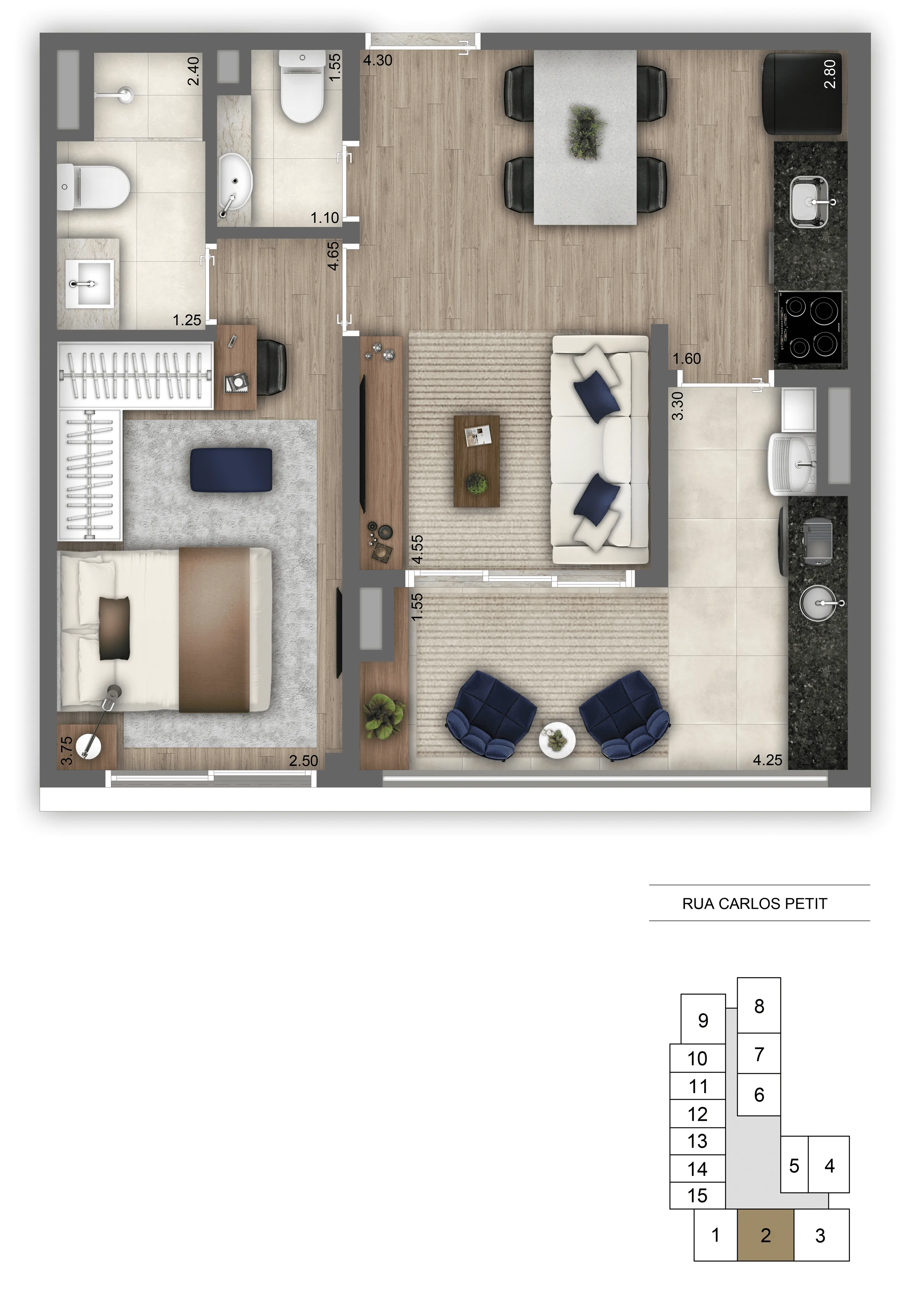 Planta-tipo 47 m² | 1 Dorm.