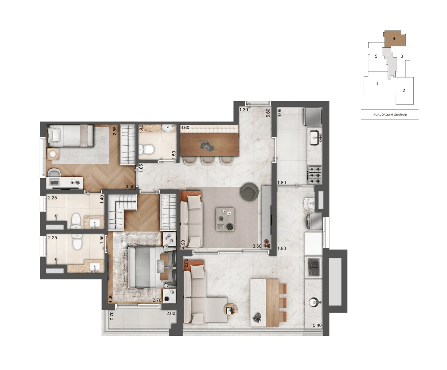 Planta-tipo 91 m² | 2 Suítes