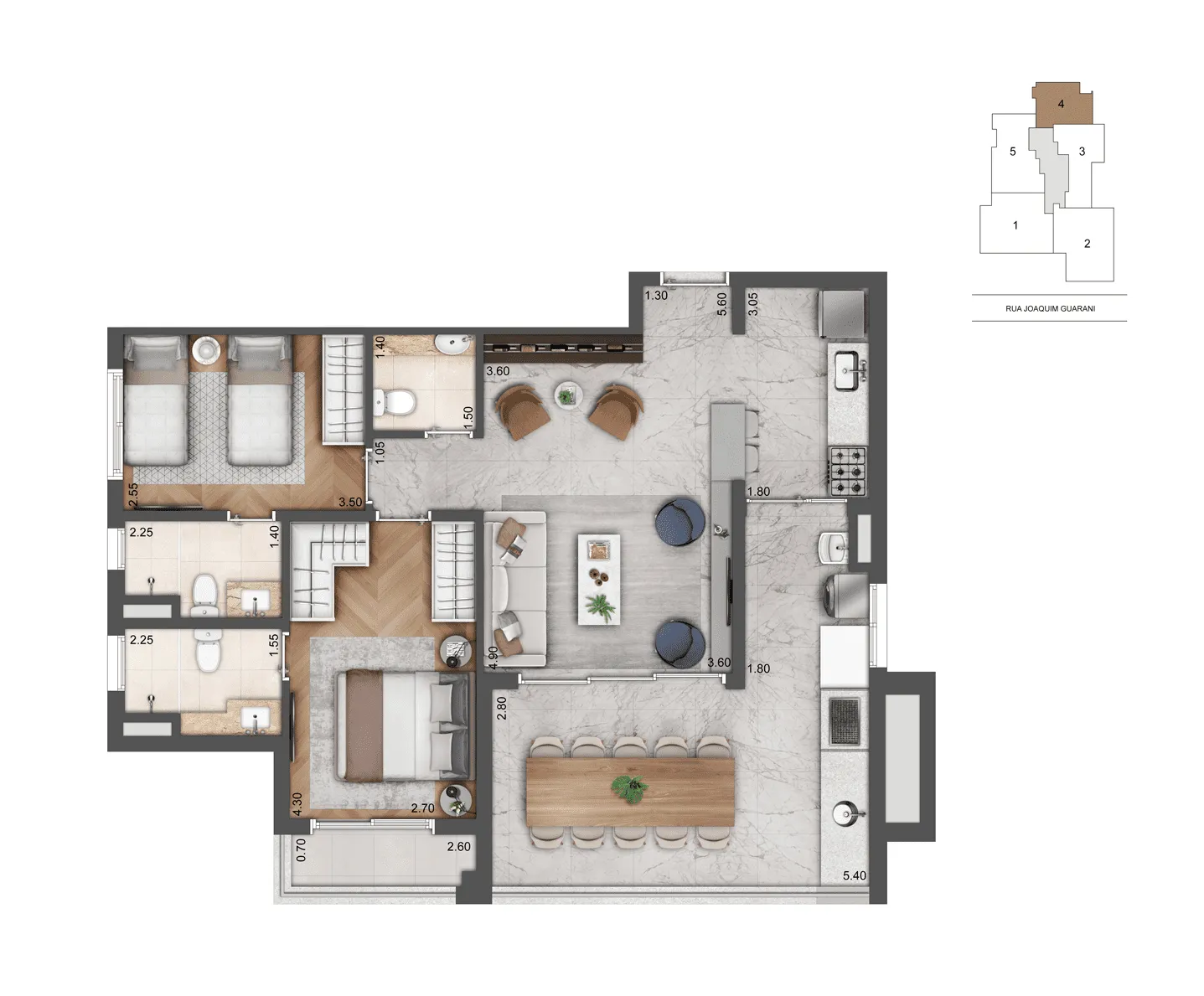 Planta Opção 91 m² | 2 Suítes