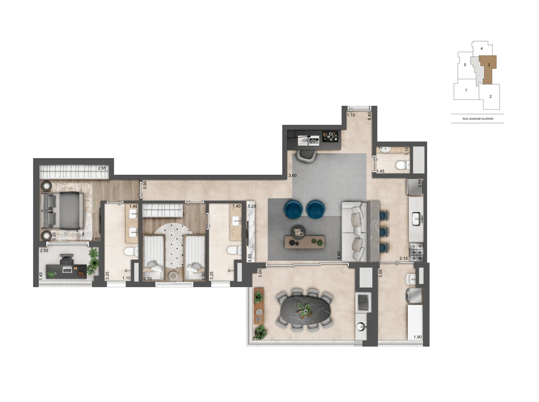 Planta-tipo 110 m² | 2 Suítes