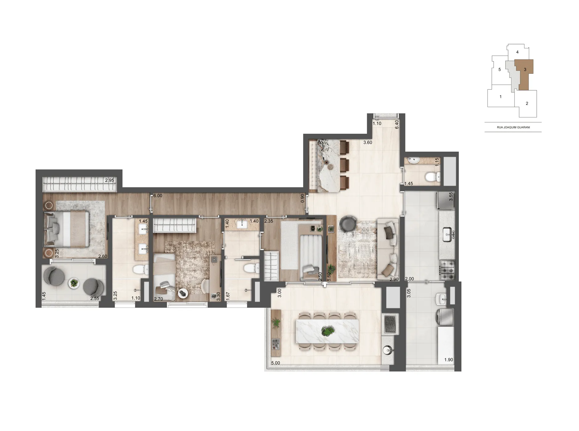 Planta Opção 110 m² | 3 Dorms. (2 Suítes)