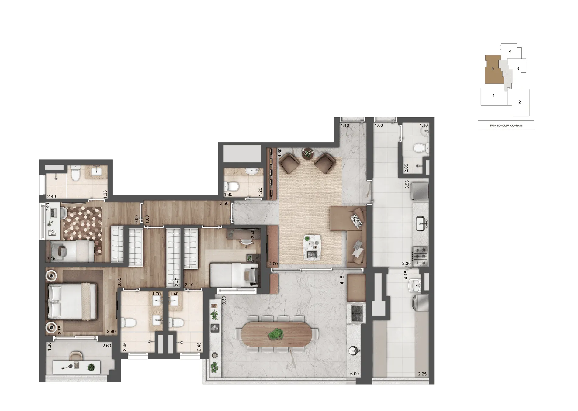 Planta-tipo 136 m² | 3 Suítes