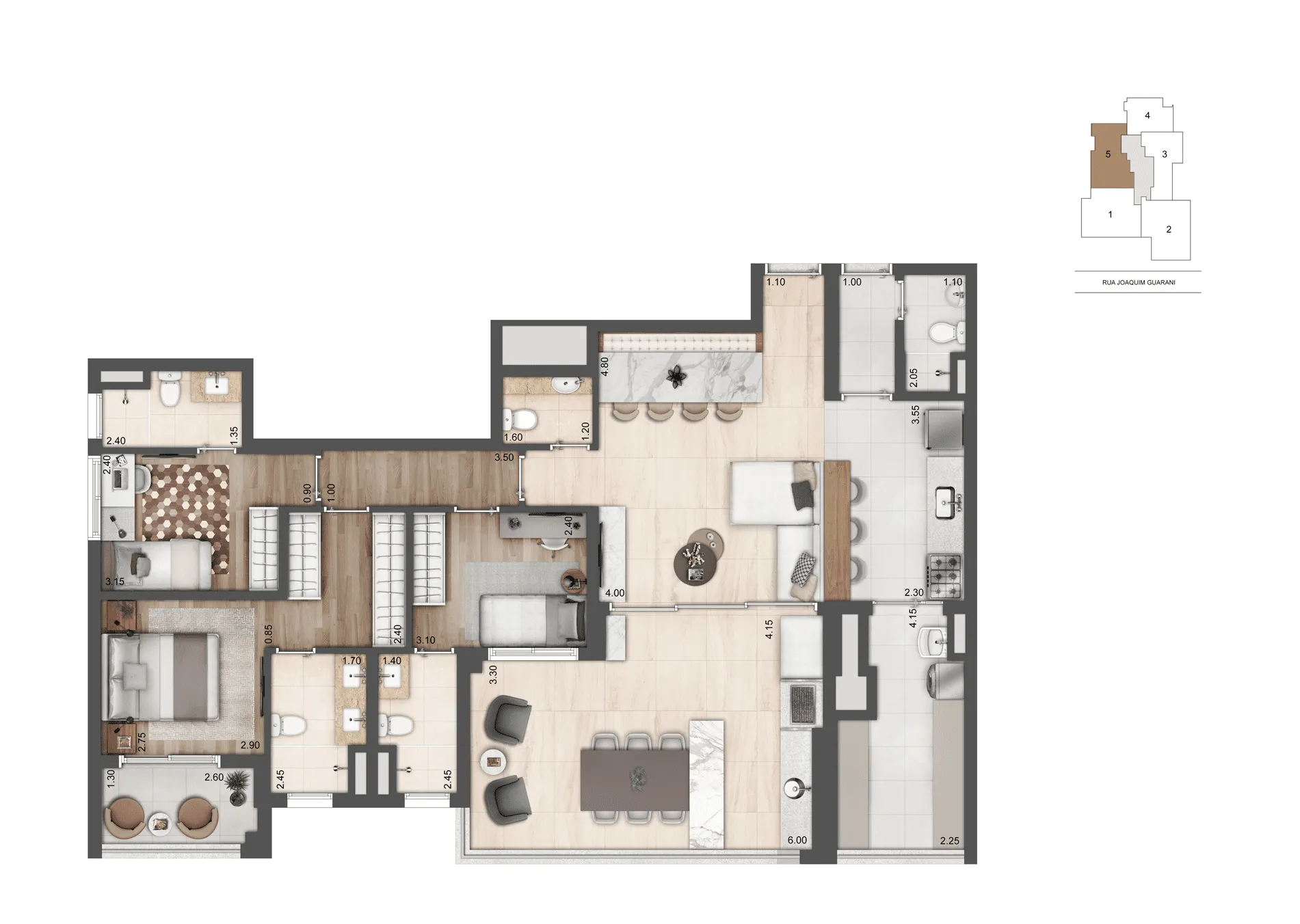 Planta Opção 136 m² | 3 Suítes