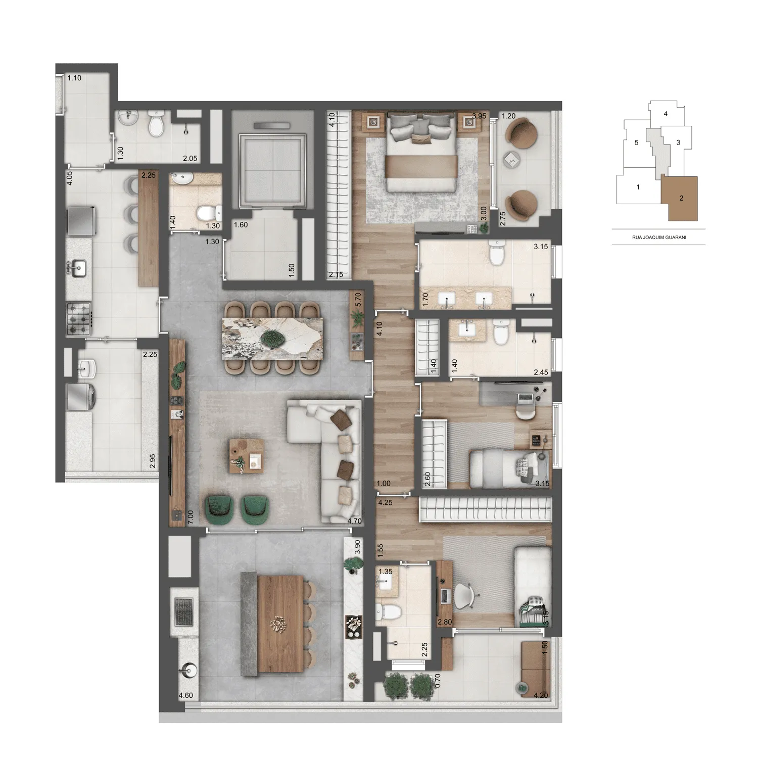 Planta-tipo 157 m² | 3 Suítes