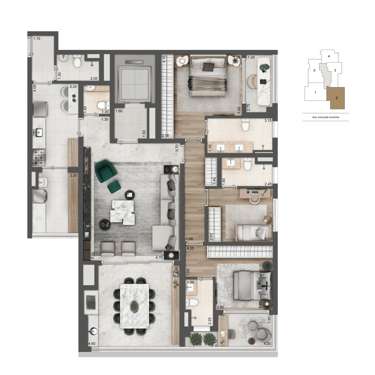 Planta Opção 1 157 m² | 3 Suítes