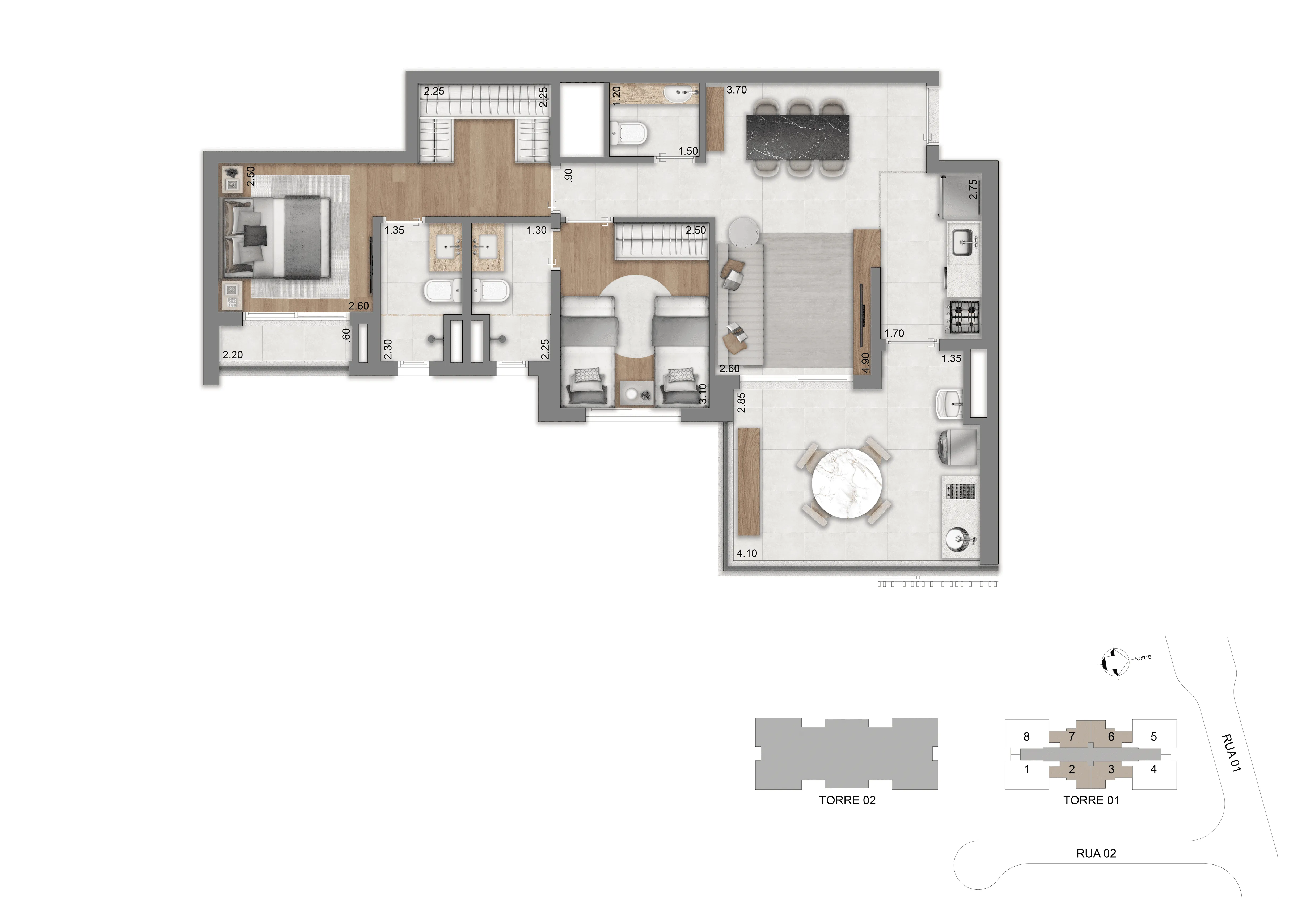 Planta-tipo 77 m²  | 2 suítes