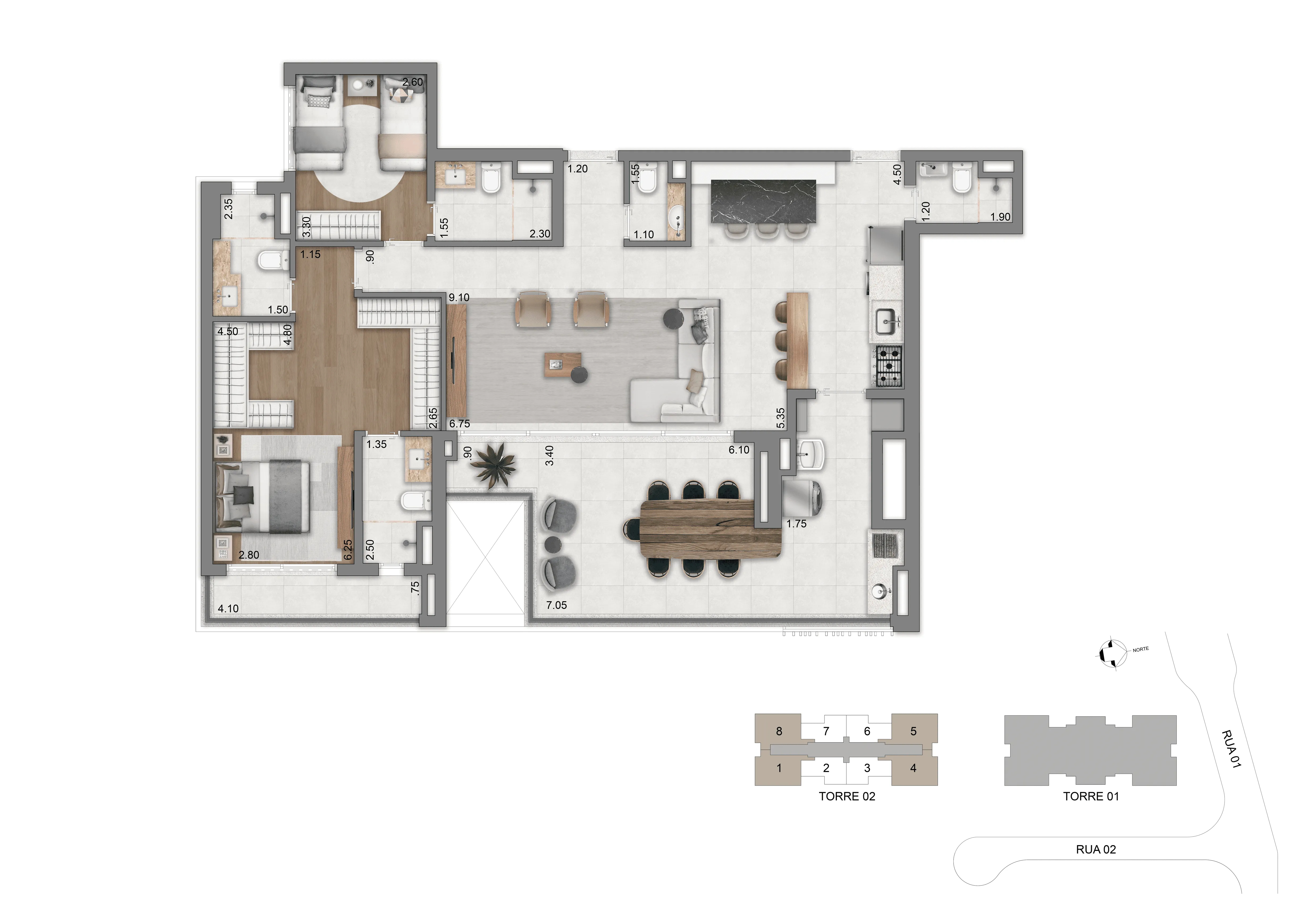 Planta opção 134 m² | 2 suítes