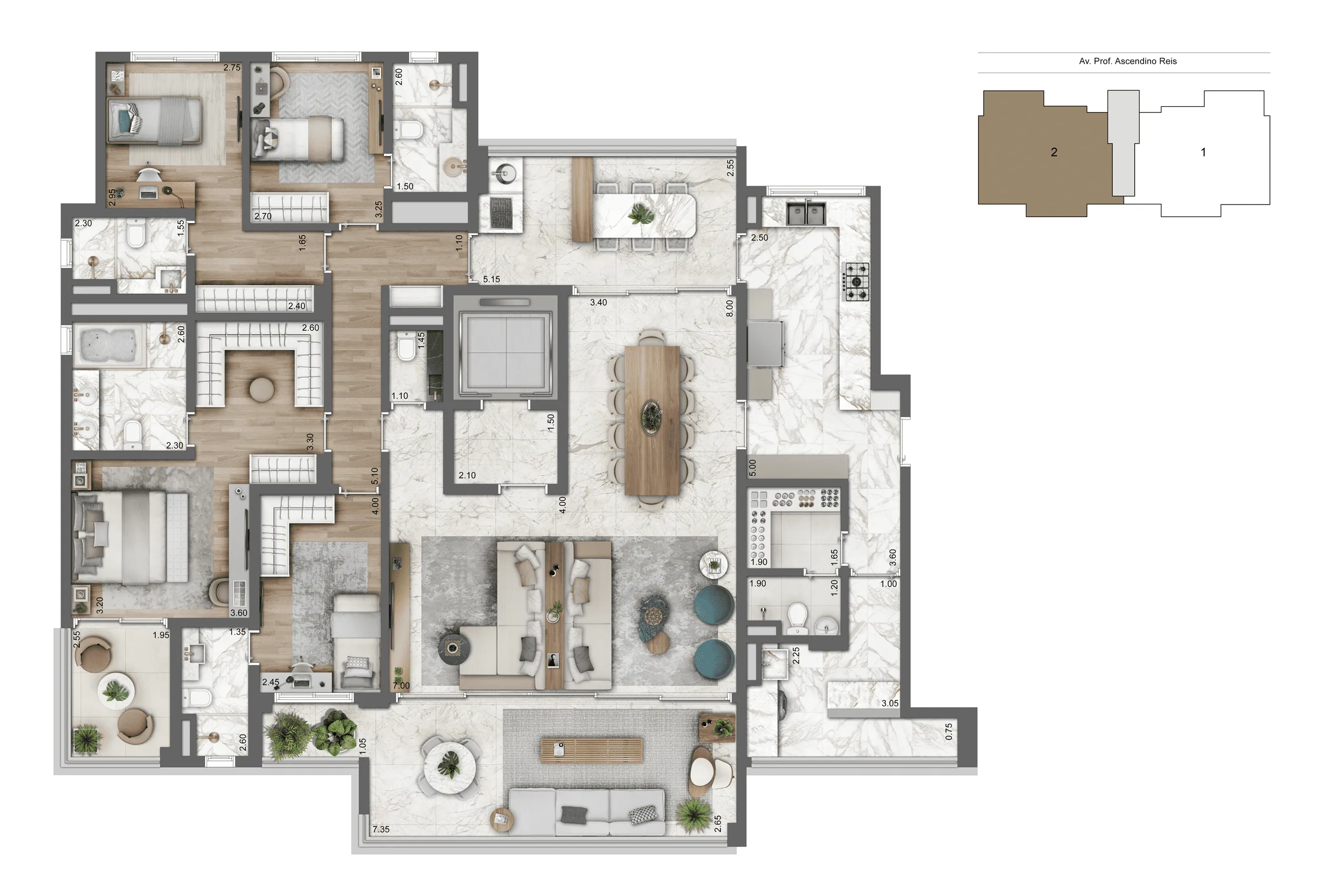 Planra-tipo 230 m² | 4 suítes