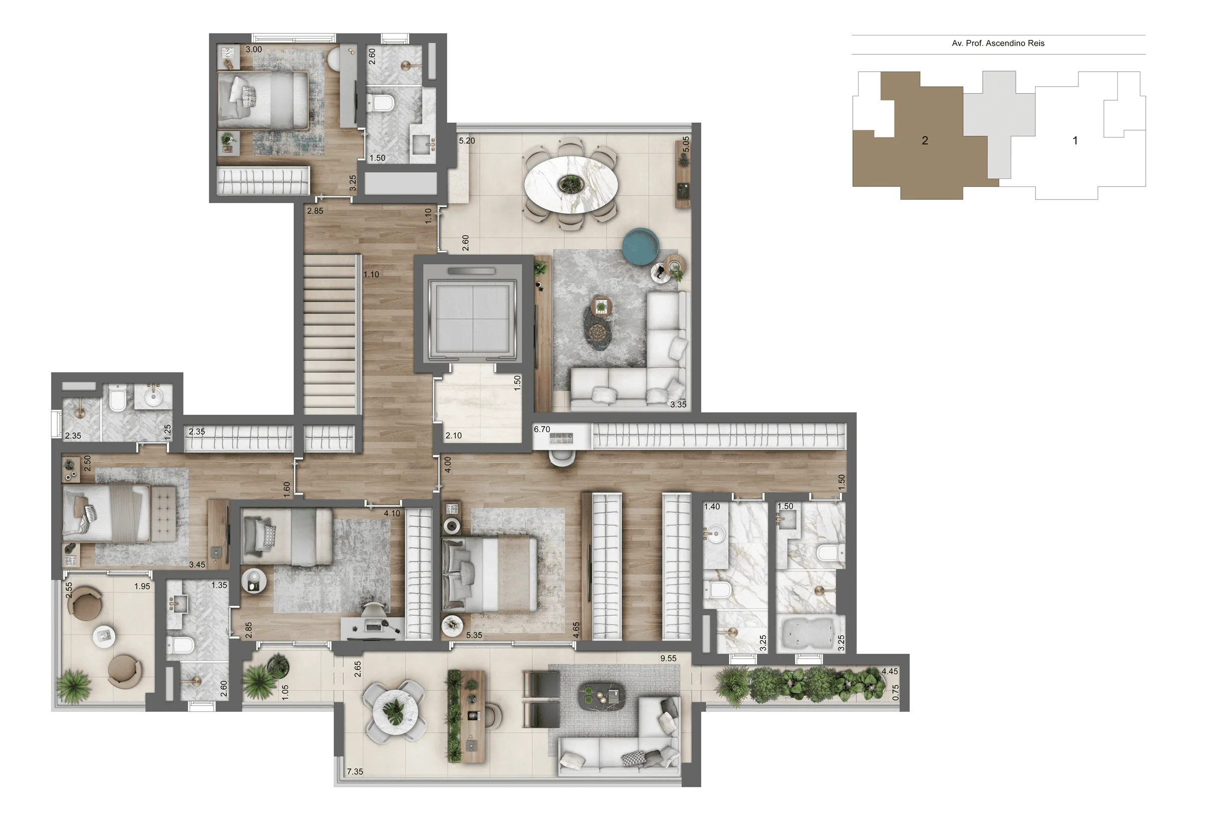 Planta Duplex Inferior 411 m² | 4 Dorms (4 suítes)