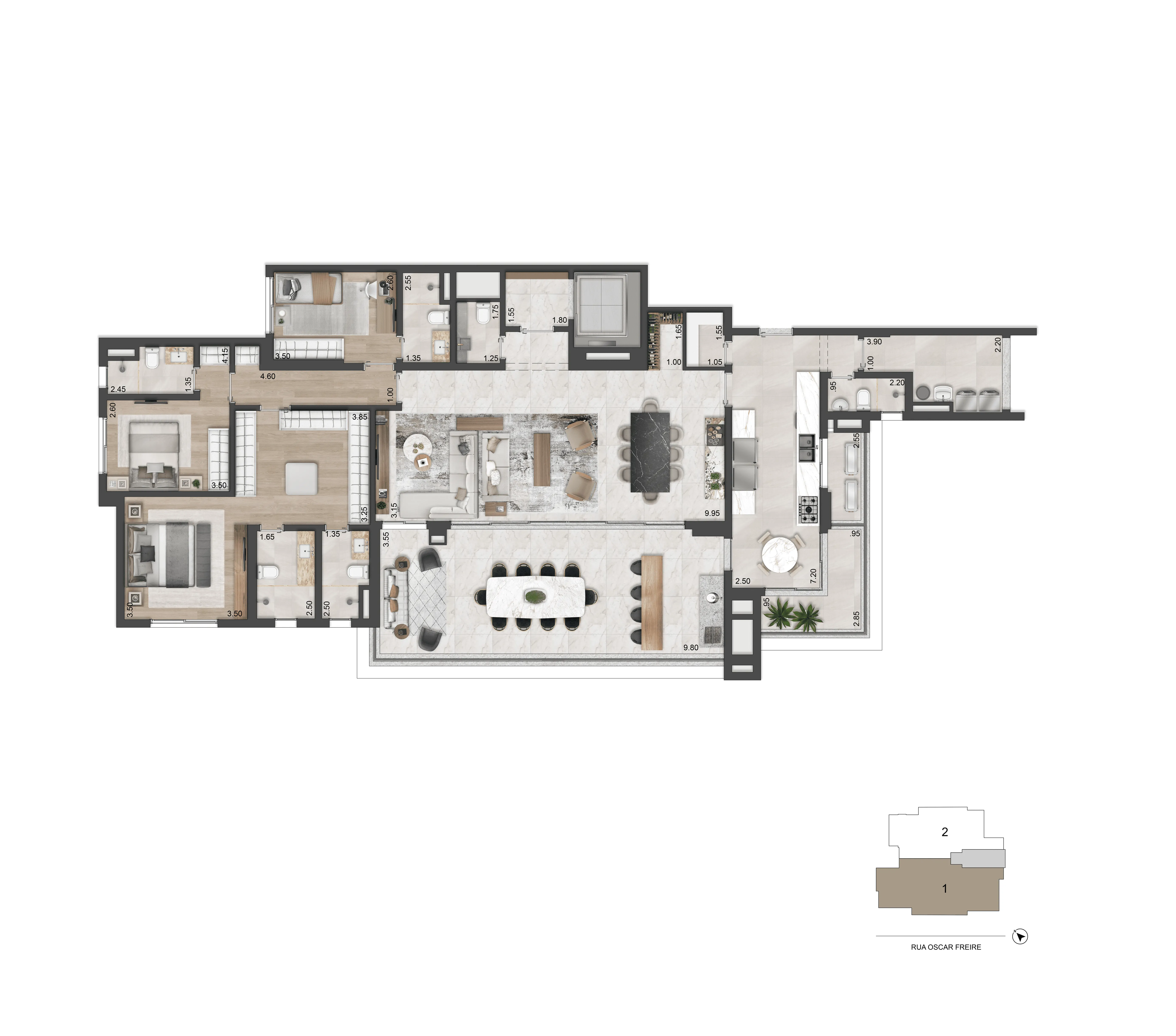 Planta opção 217 m² I 03 Suítes com estar ampliado e banho sr. e sra.