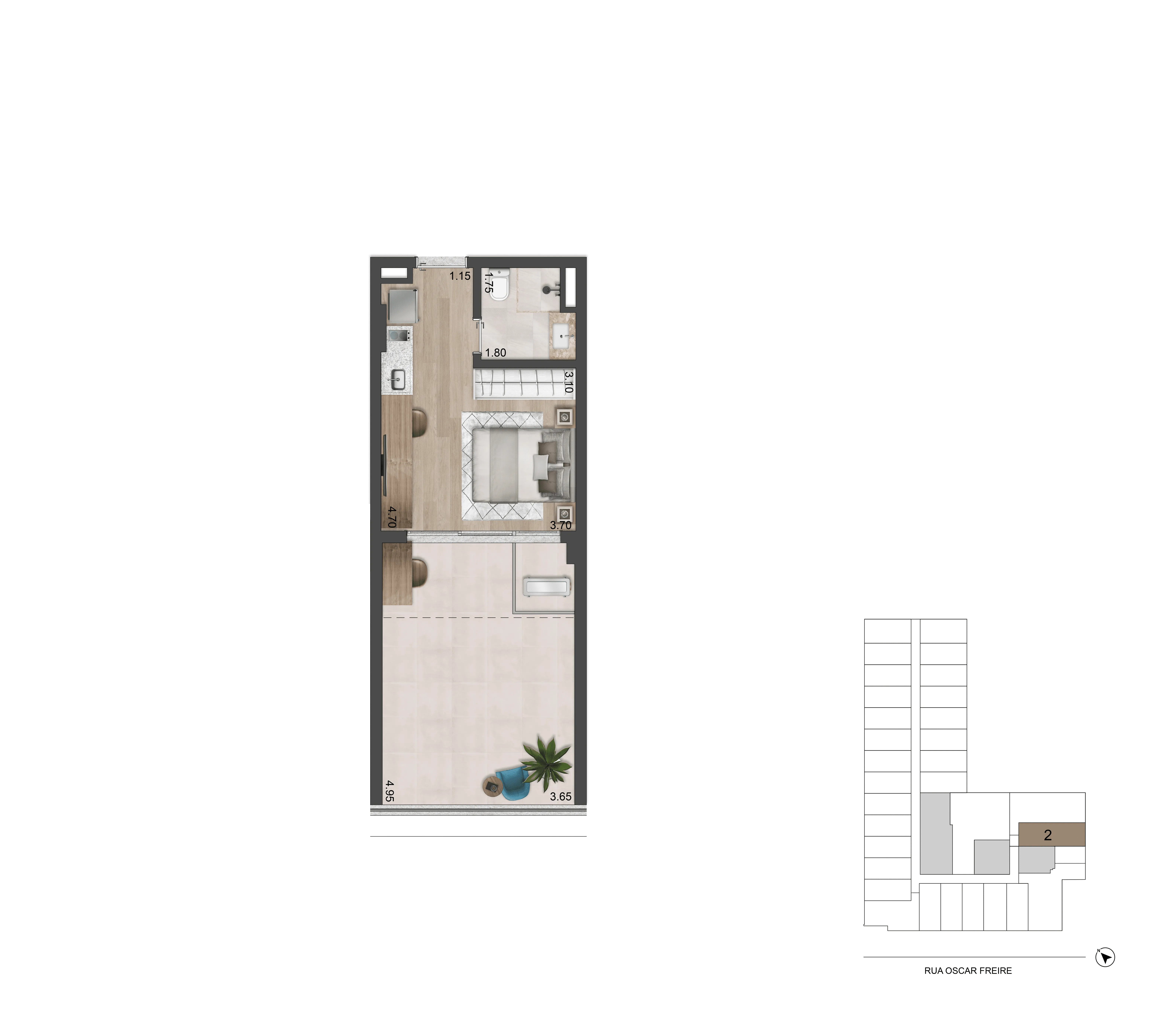 Planta Studio 25 m² I Terraço Técnico e Jardim