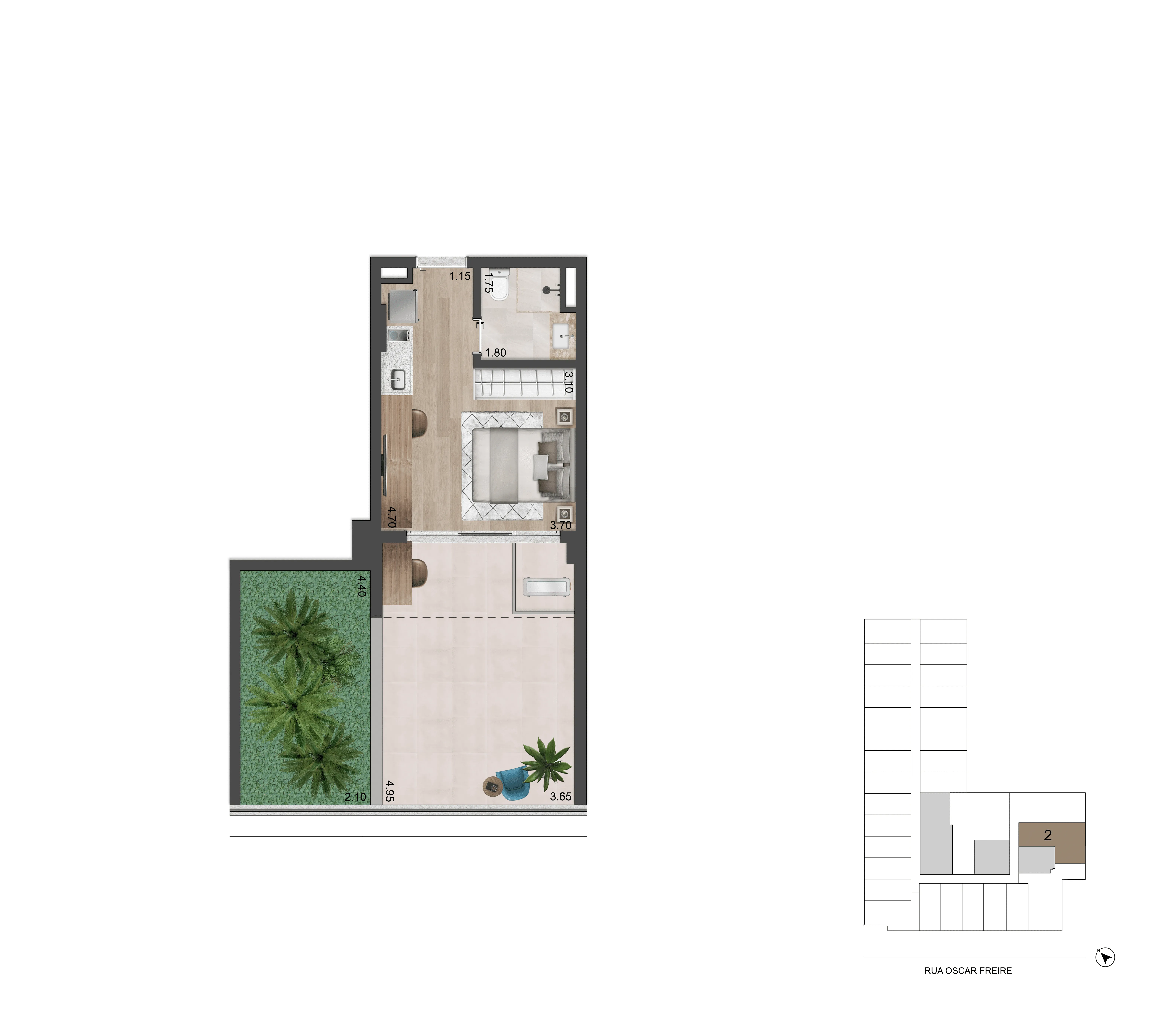 Planta Studio 55 m² I Terraço Garden