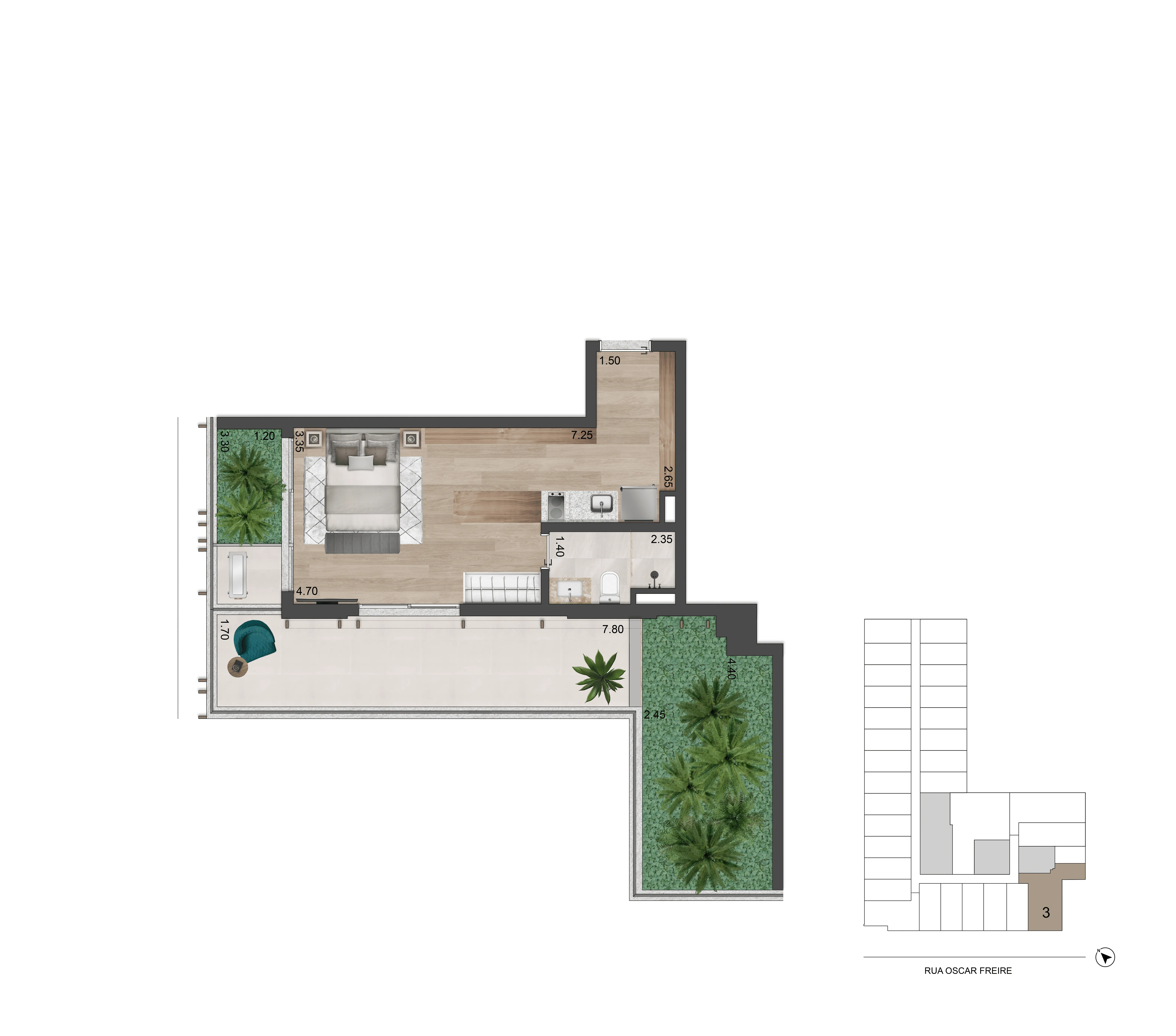 Planta Studio 67 m² I Terraço com Jardim