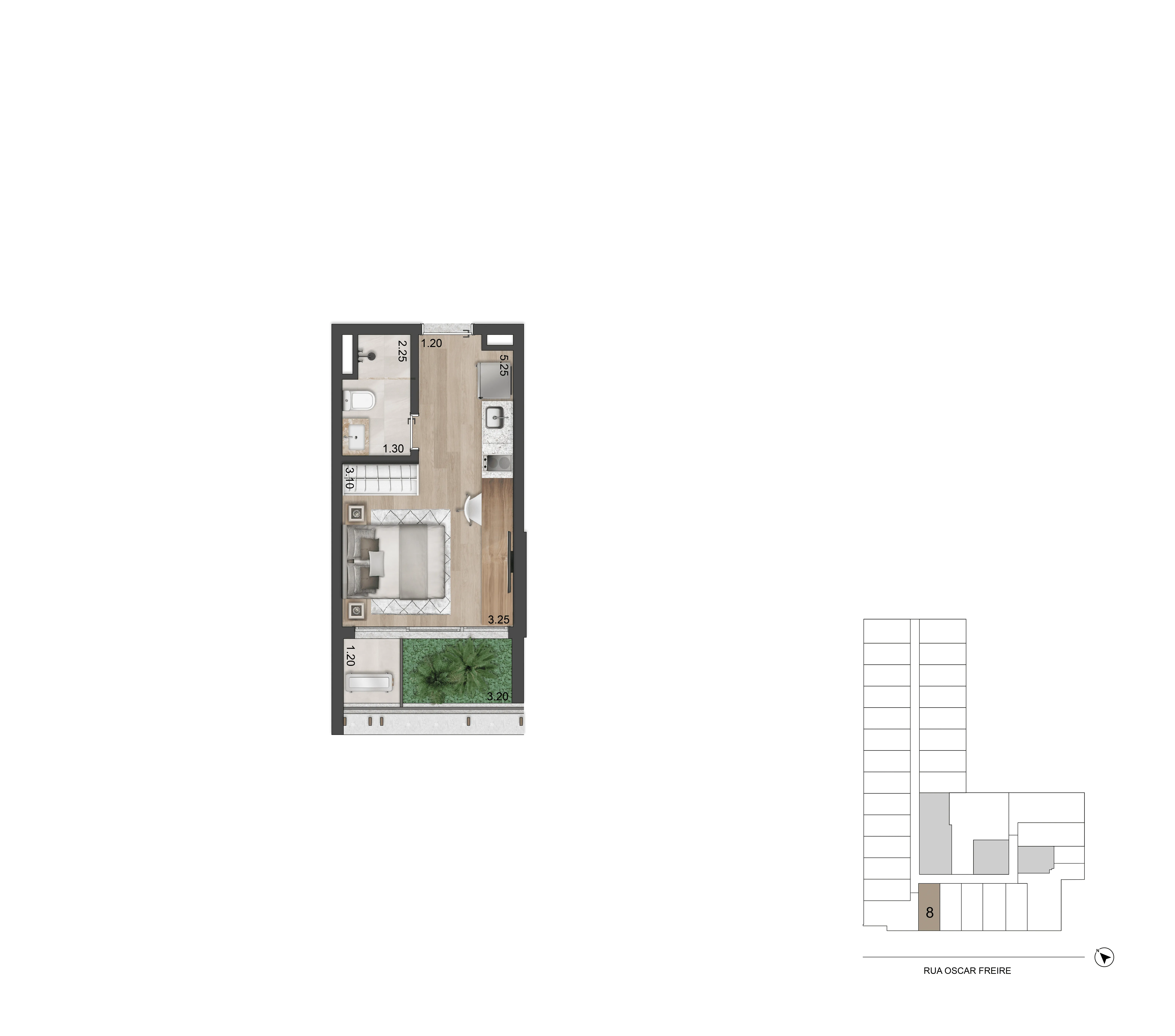 Planta Studio 25 m² I Terraço Técnico e Jardim