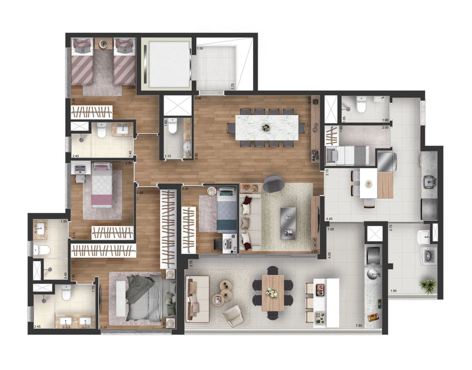 Planta-tipo 154 m² | 4 Dorms. (2 suítes)