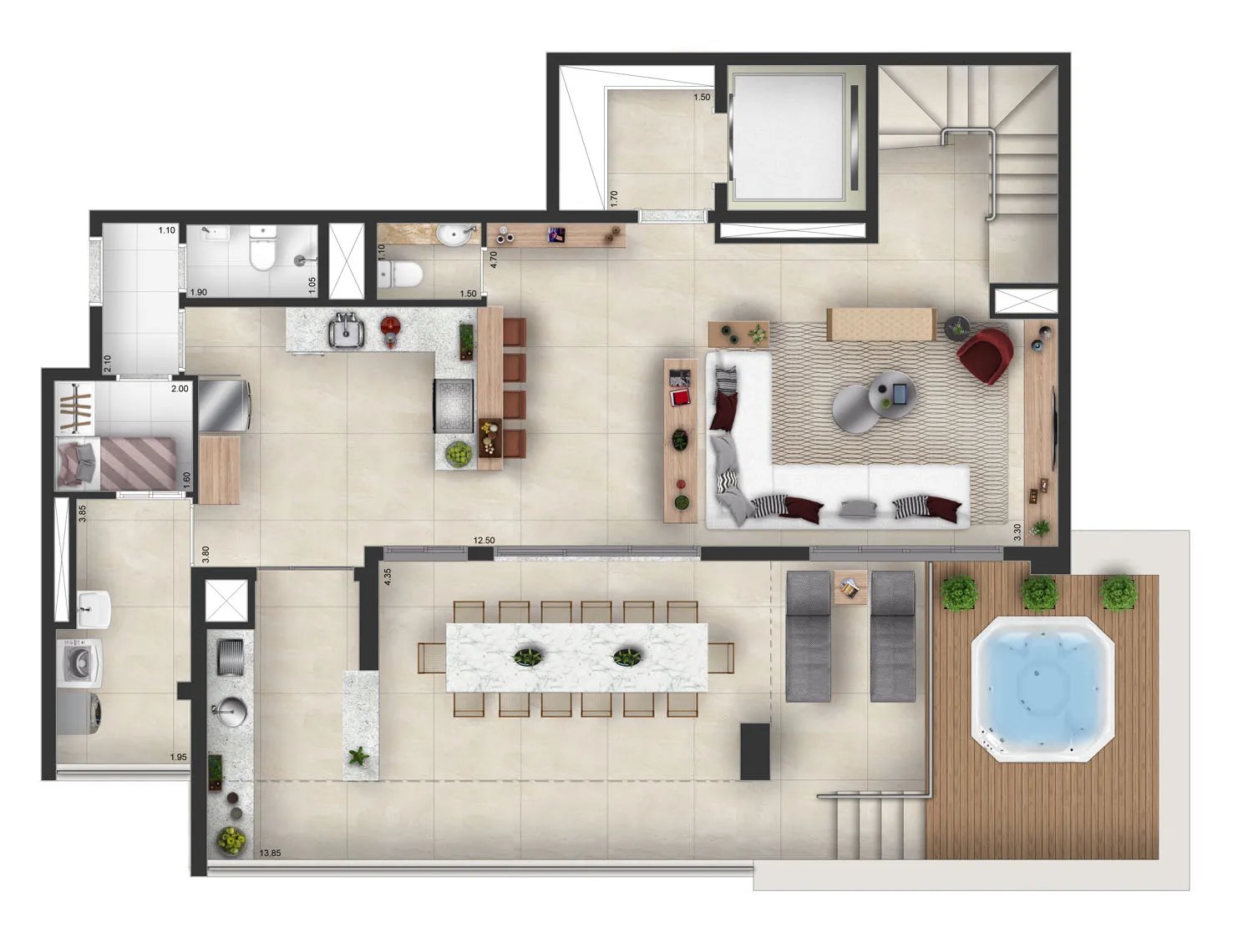 Planta Duplex Inferior 264 m² | 3 suítes - Torre Sky 