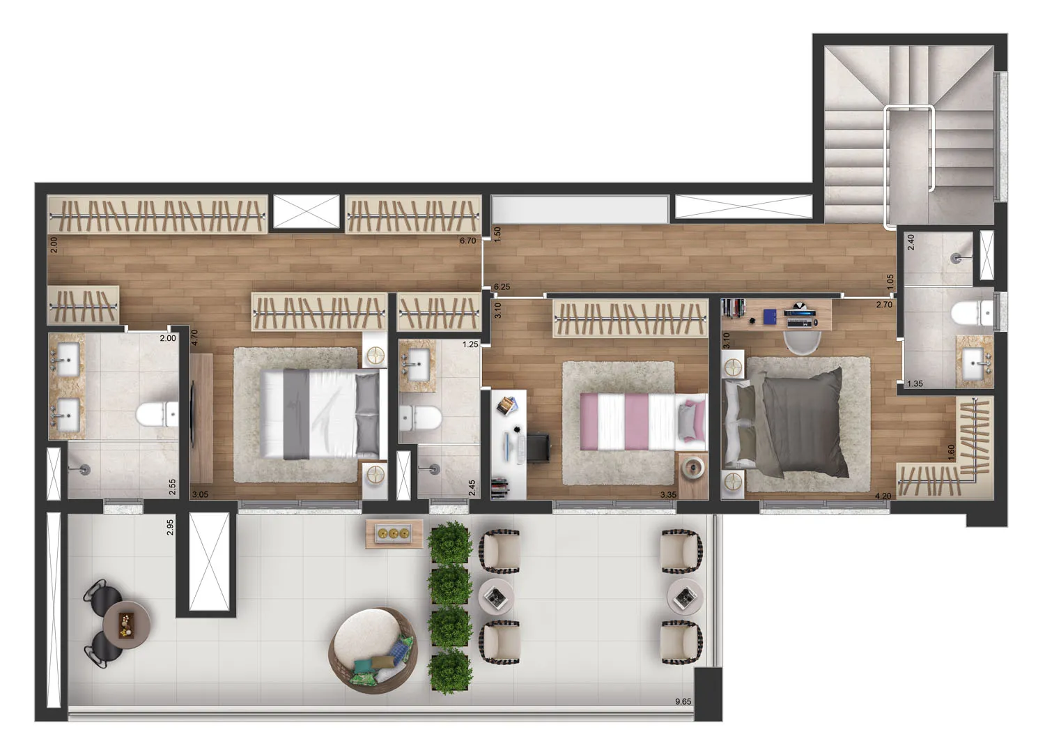 Planta Duplex Inferior 264 m² | 3 suítes - Torre Sky 