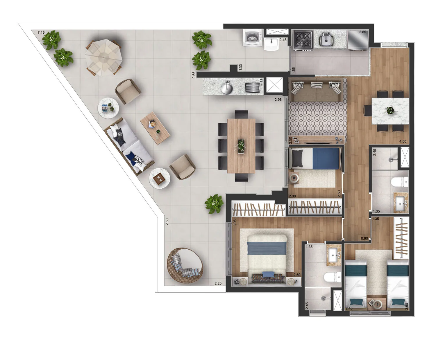Planta Garden 115 m² | 3 Dorms. (1 suíte) - Torre Sky 