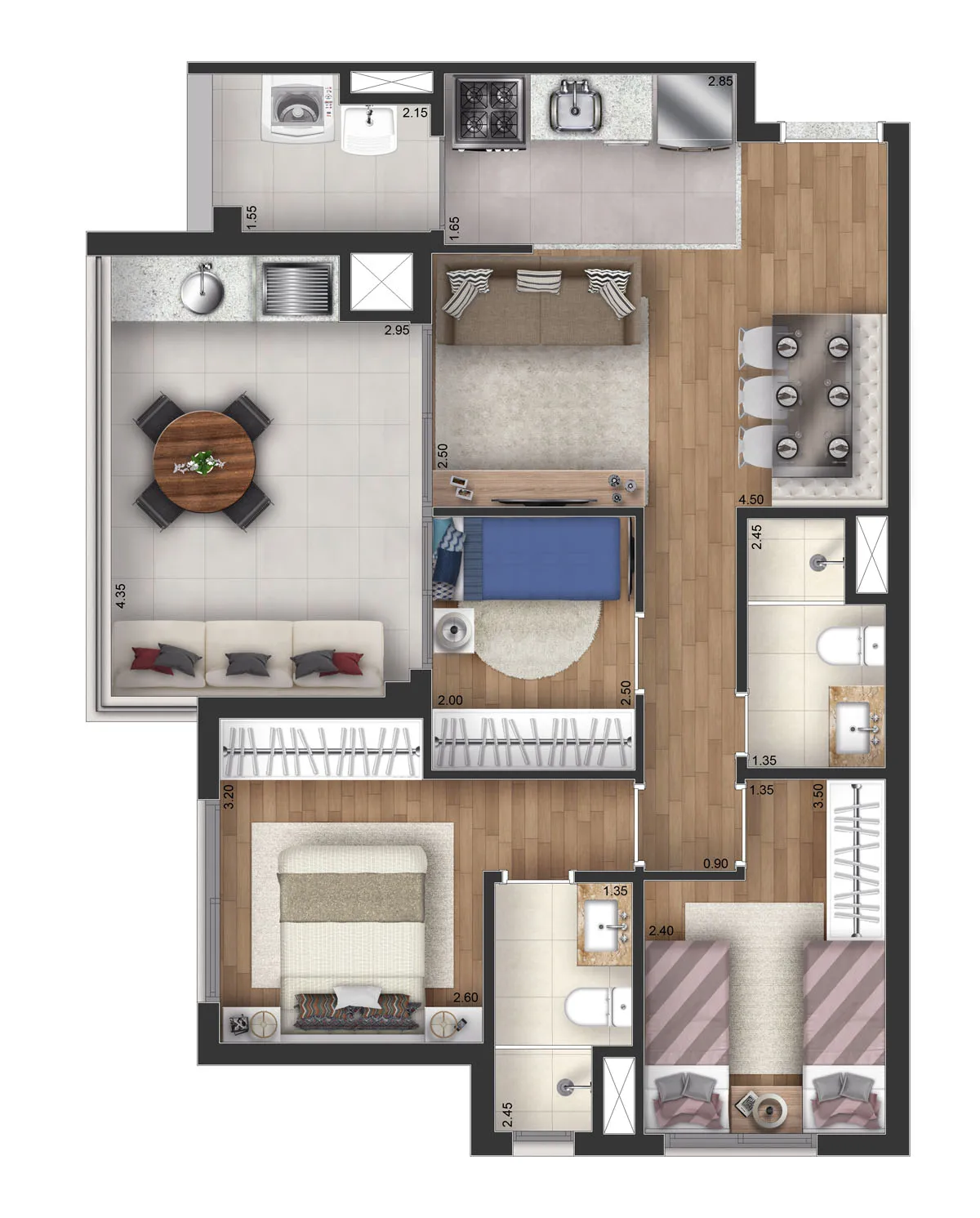 Planta-tipo 76 m² | 3 Dorms. (1 suíte) - Torre View