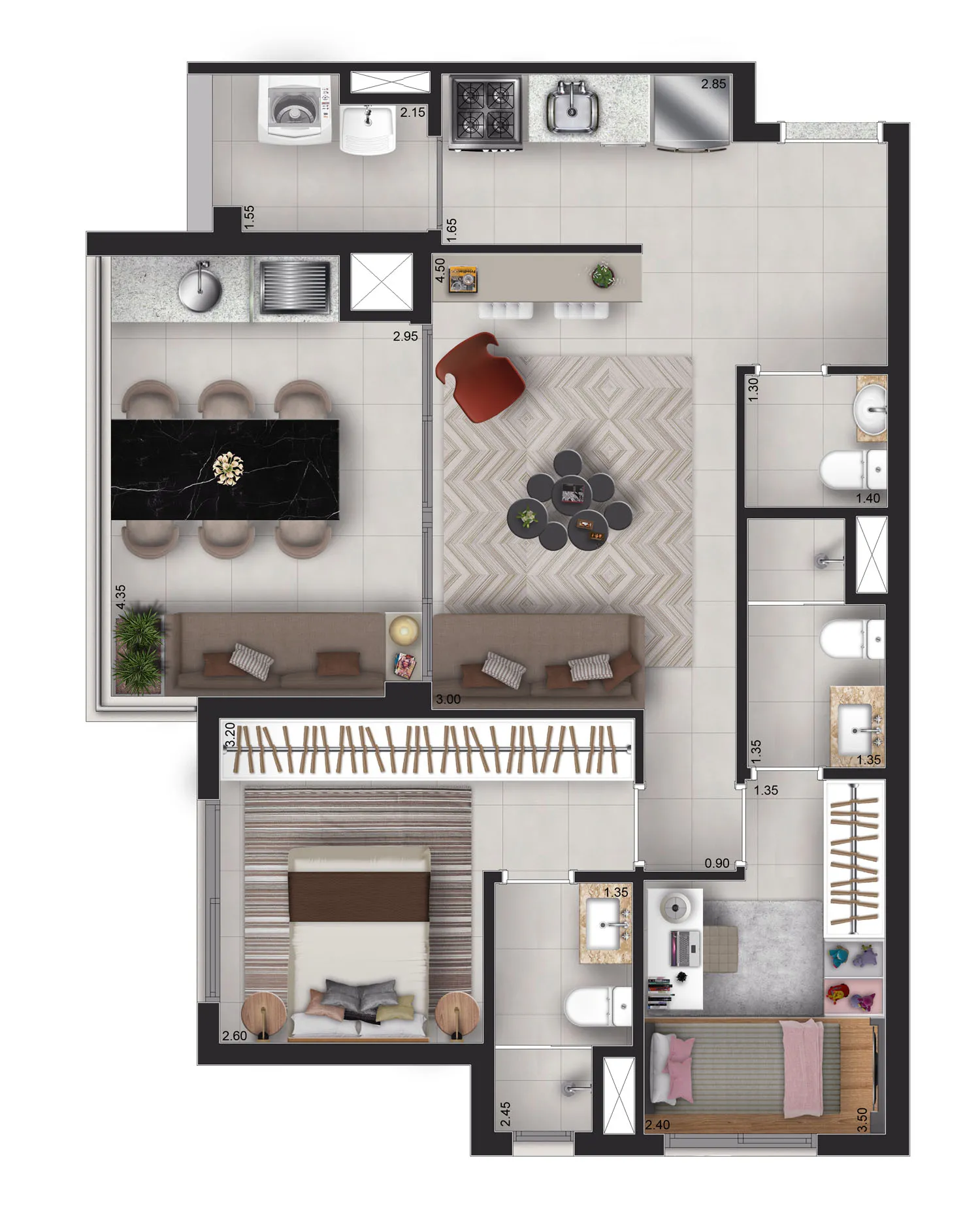 Planta opção 76 m² | 2 suítes - Torre View
