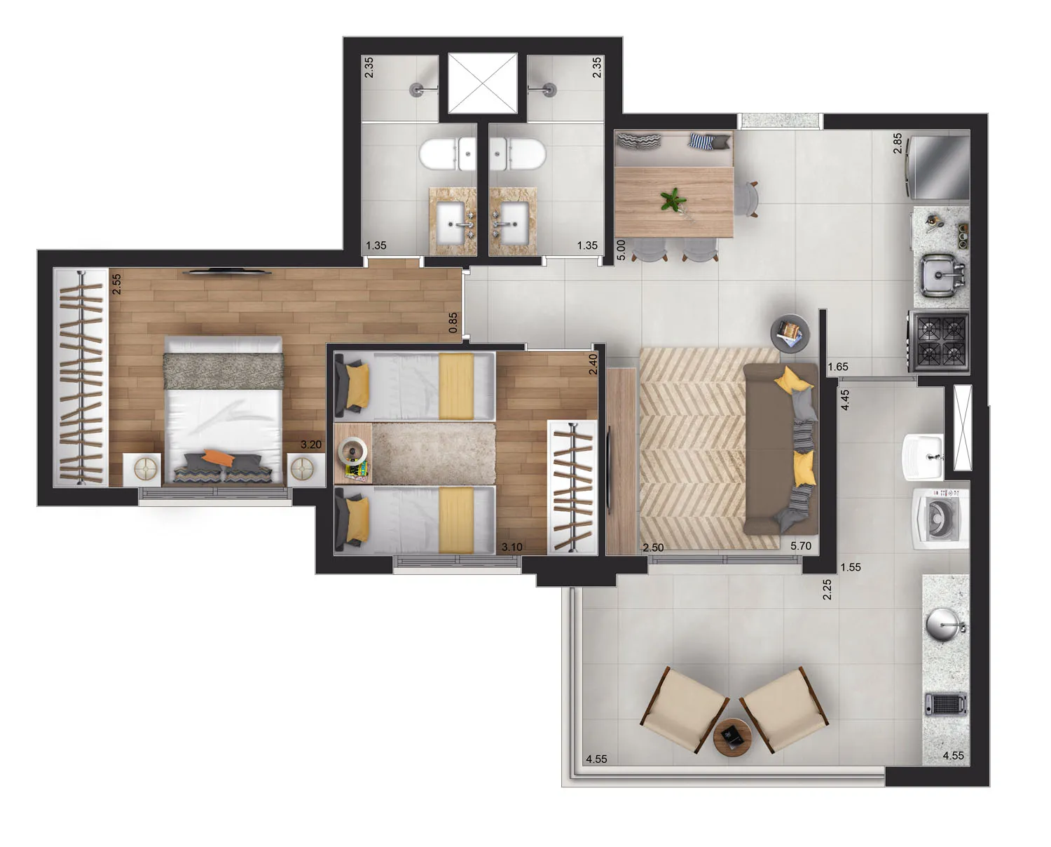 Planta-tipo 65 m² | 2 Dorms. (1 suíte) - Torre View