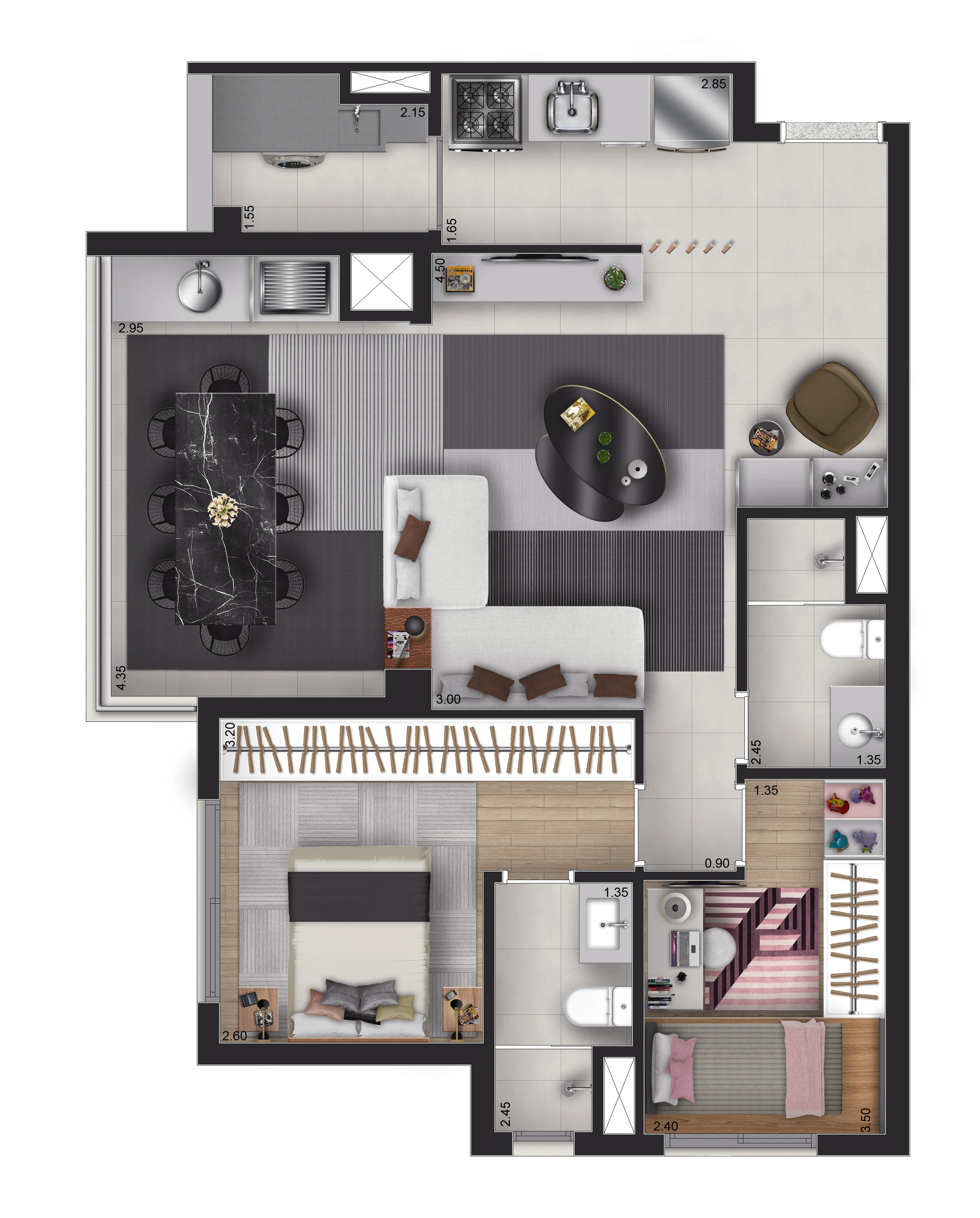 Planta Sugestão de Decorado 76m² - Torre View