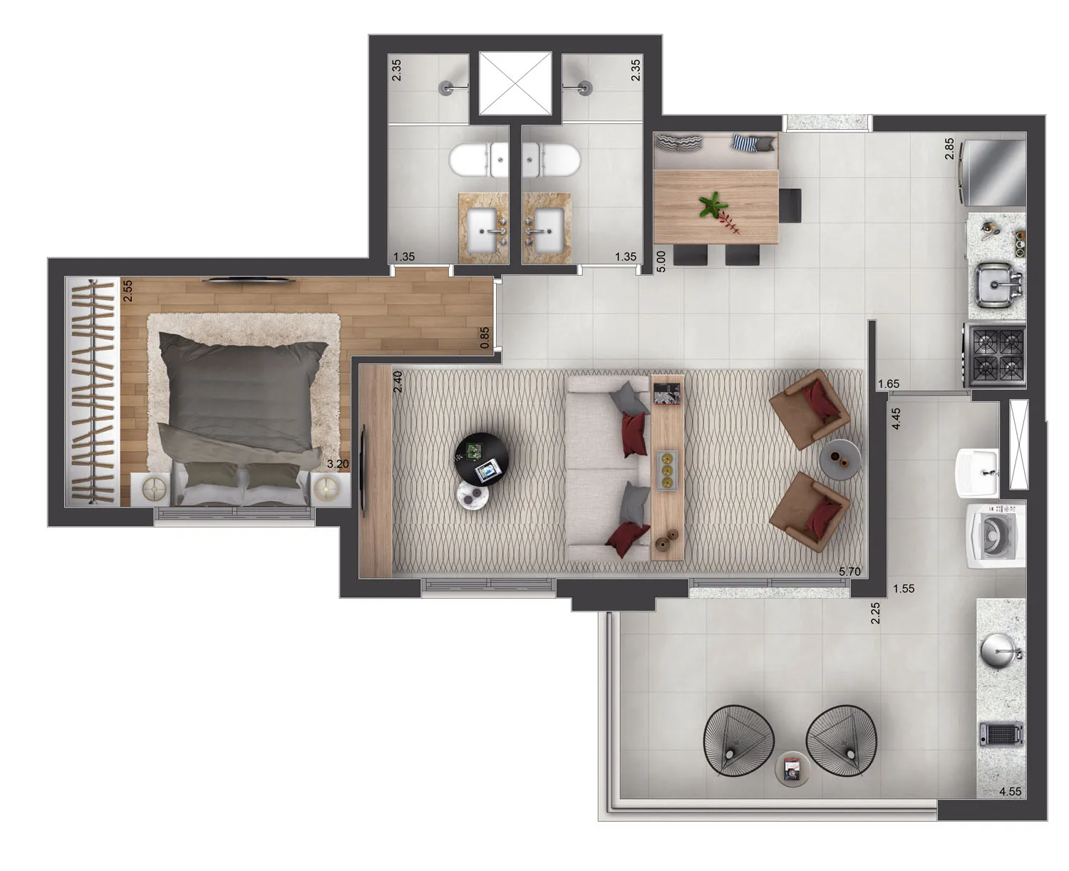 Planta opção 66 m² | 1 suíte - Torre View