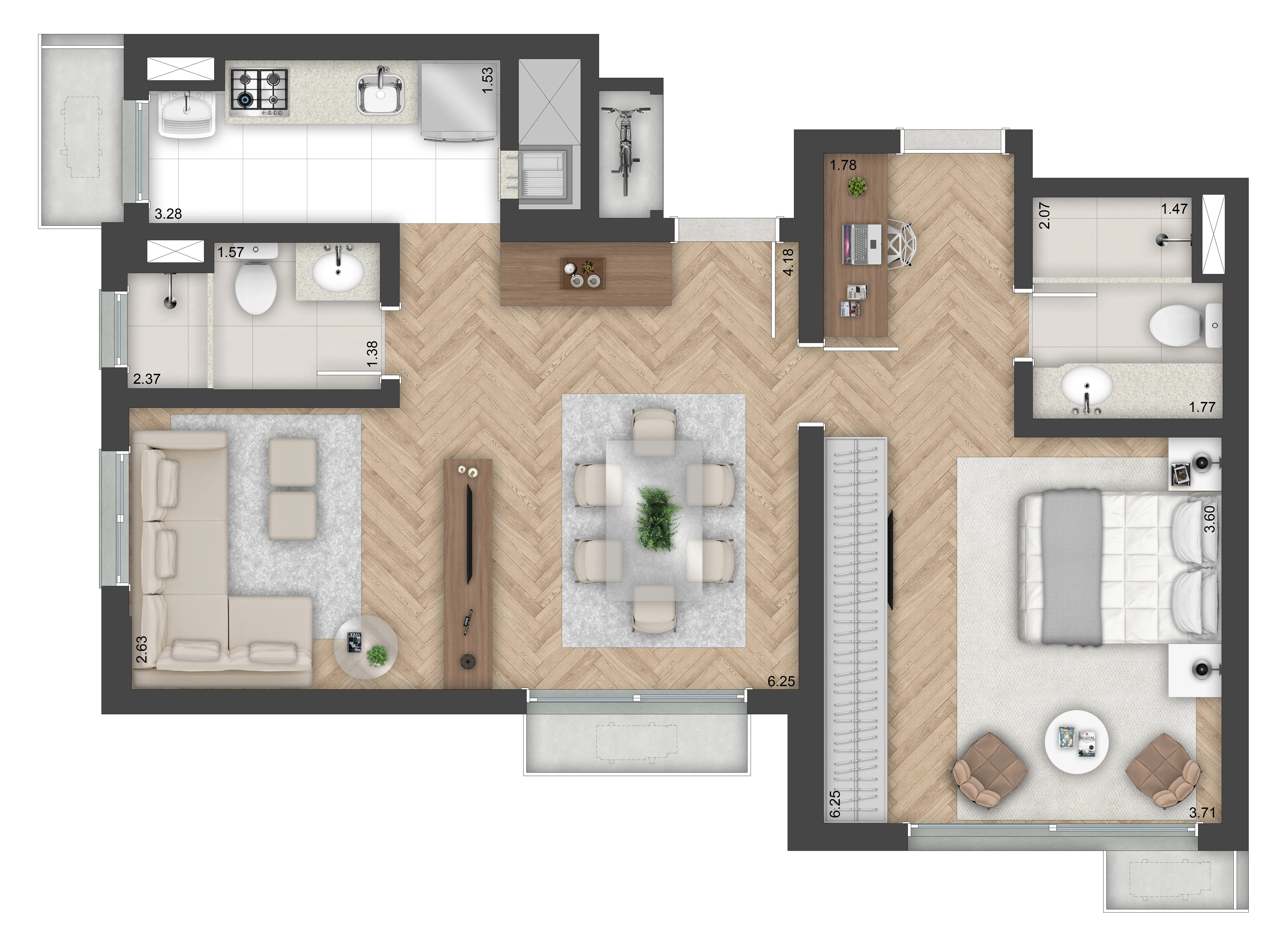 Planta Double Suíte com Living Estendido