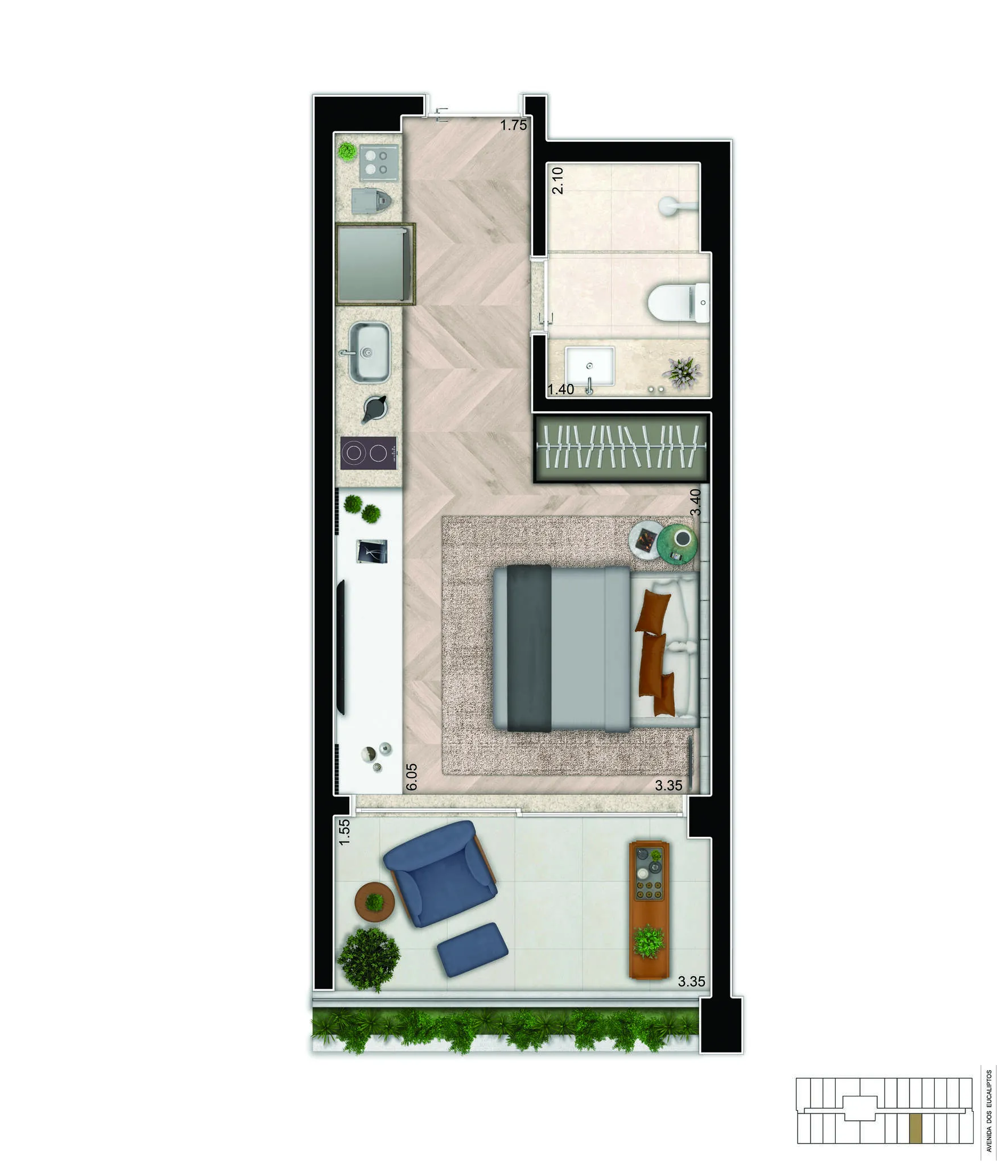 Planta-tipo 29,5 m² | Studio