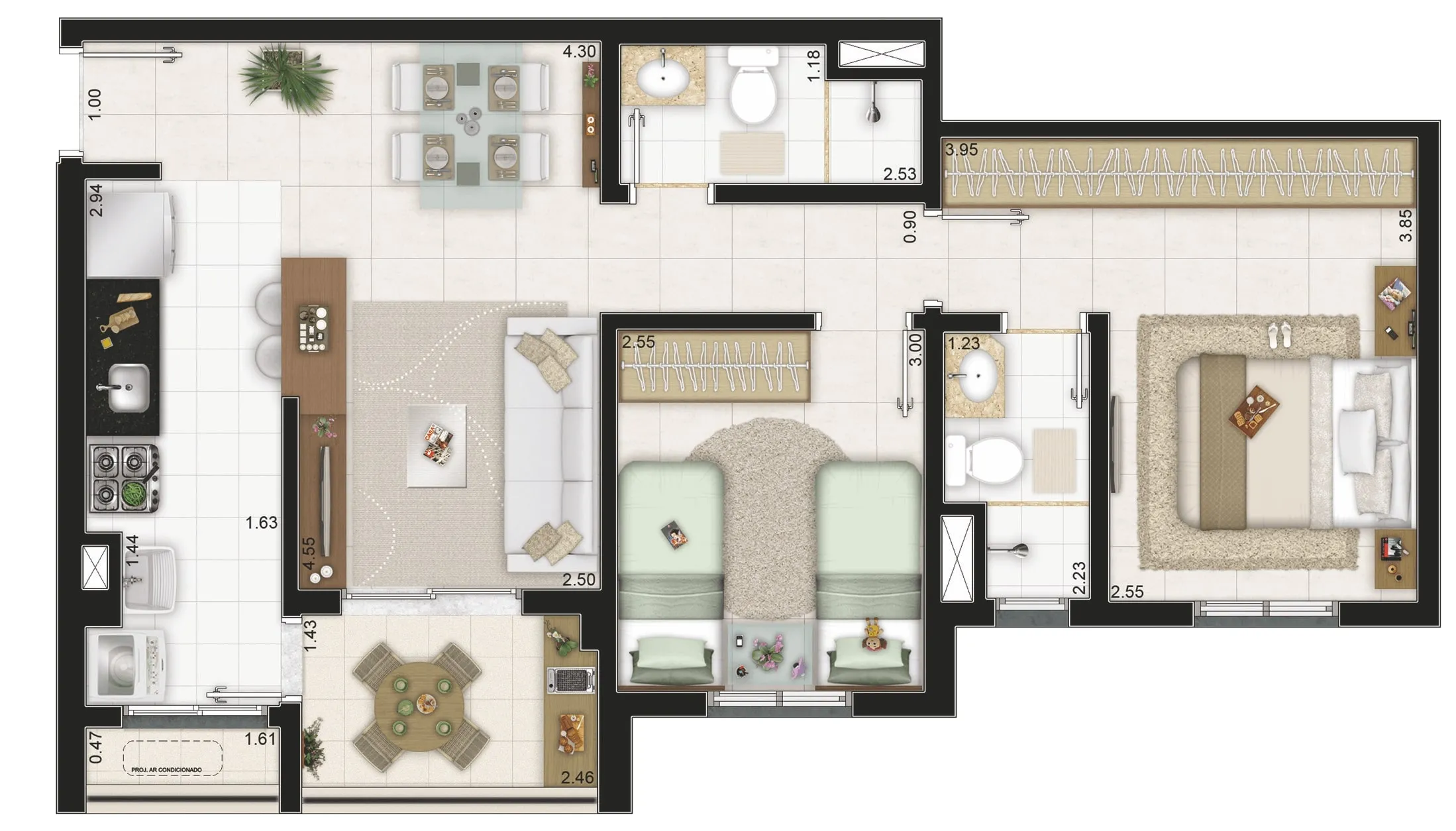 Planta-tipo 62 m² | 2 Dorms (1 suíte)