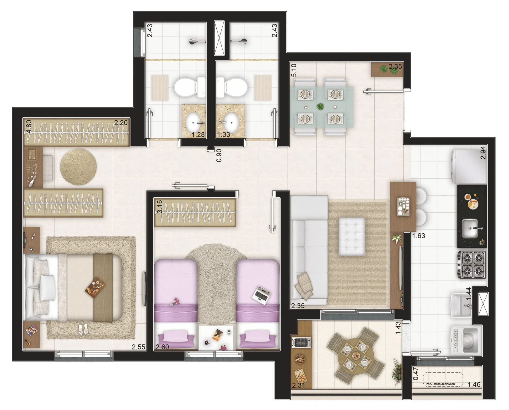 Planta-tipo 63 m² | 2 Dorms (1 suíte)