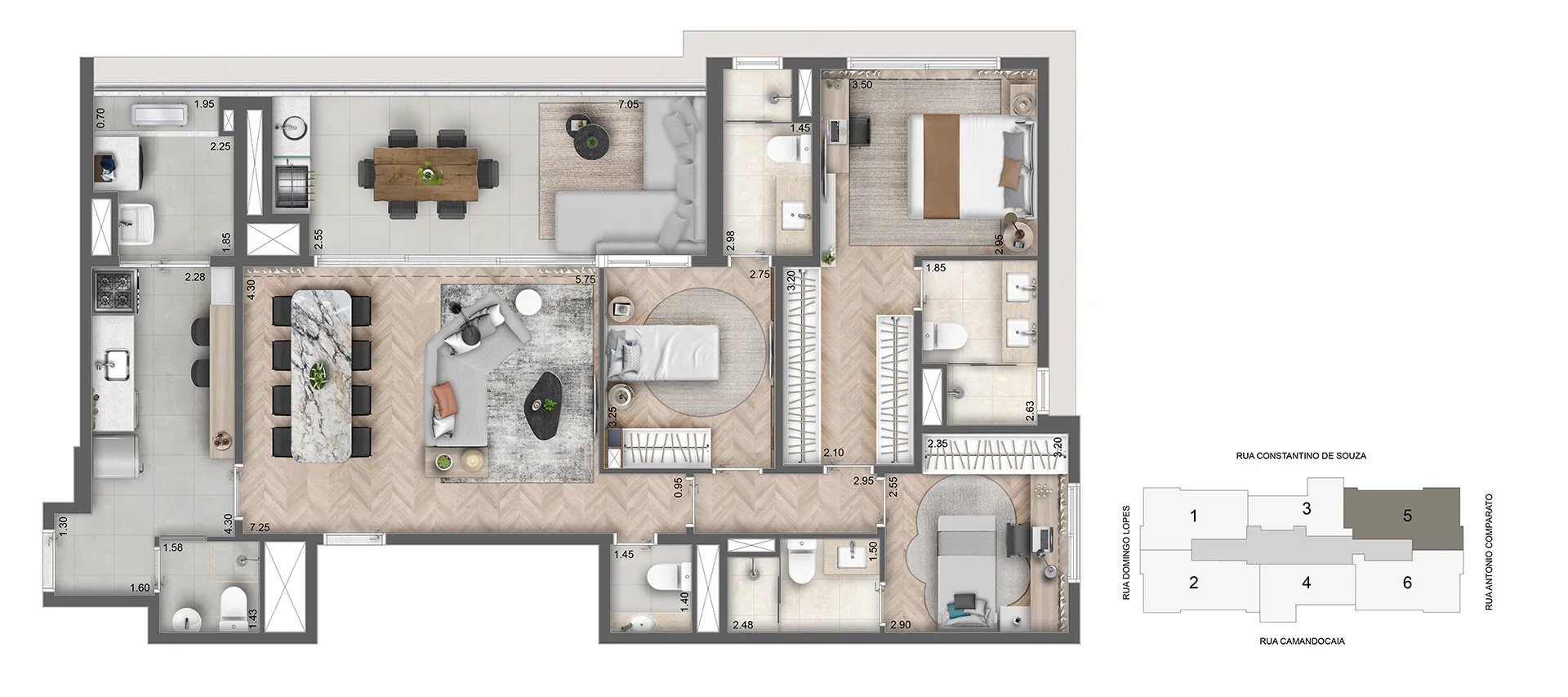 Planta-Tipo 135m² | 3 dorms (1 suite)