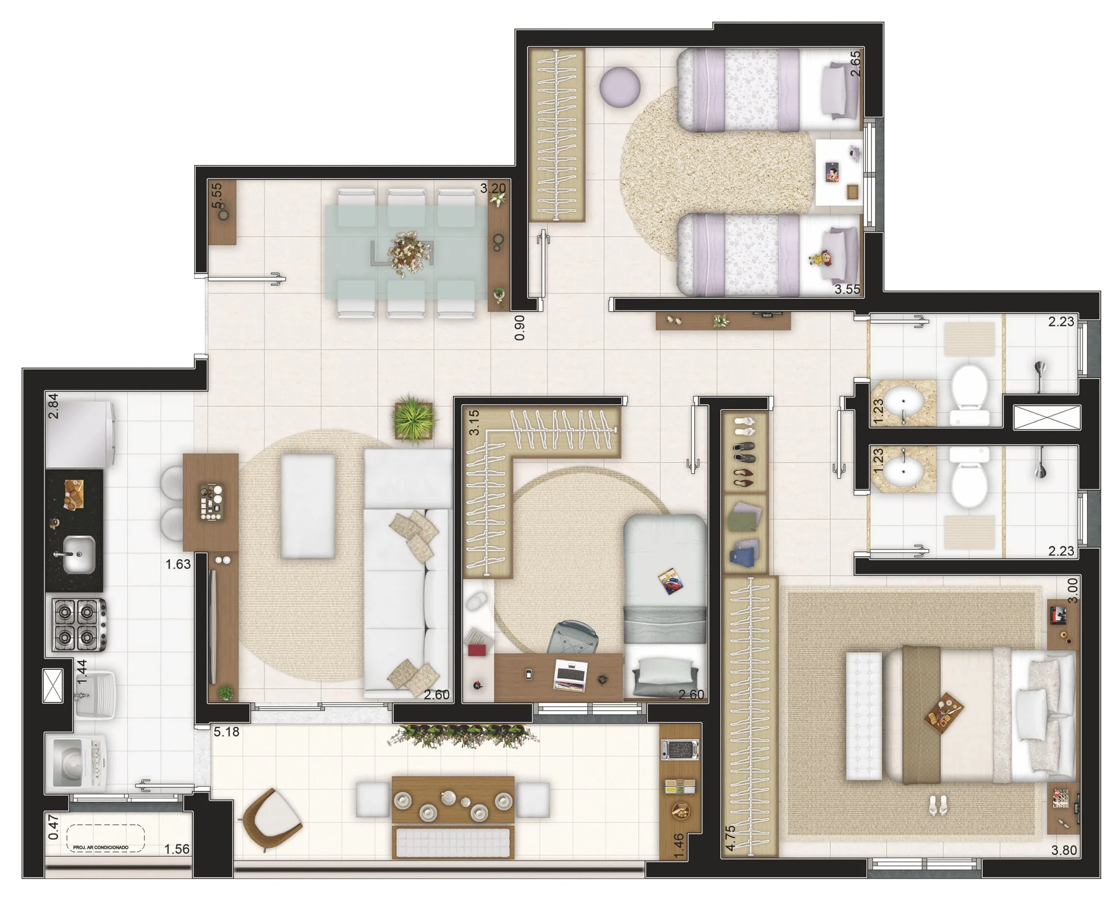 Planta-tipo 84 m² | 3 Dorms (1 suíte)