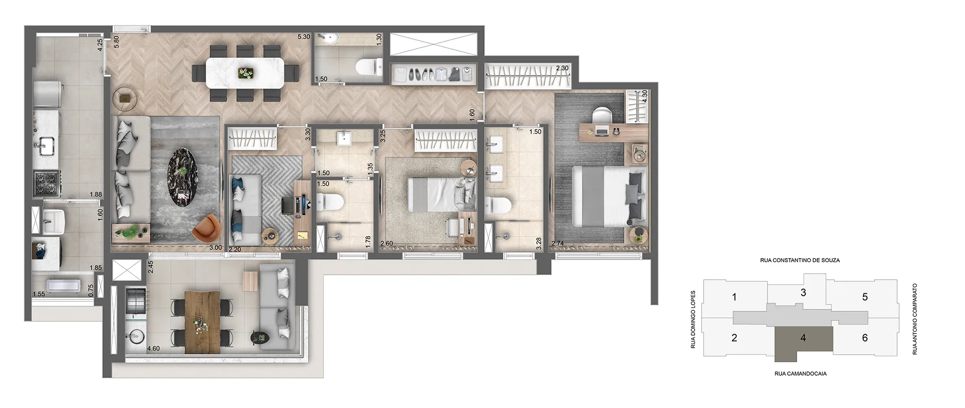 Planta-Tipo 112m² | 2 dorms (1 suíte)