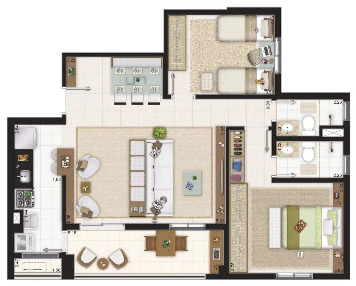Planta-tipo 84 m² | 2 Dorms (1 suíte)