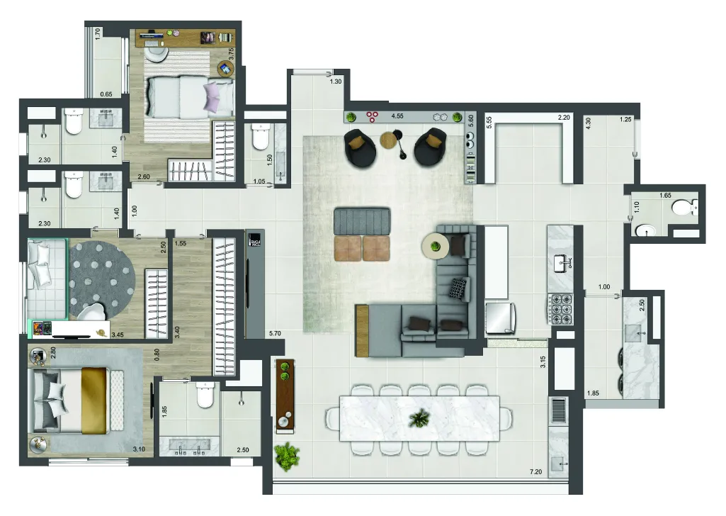 Planta Opção147 m² I 3 suítes I Sala Ampliada