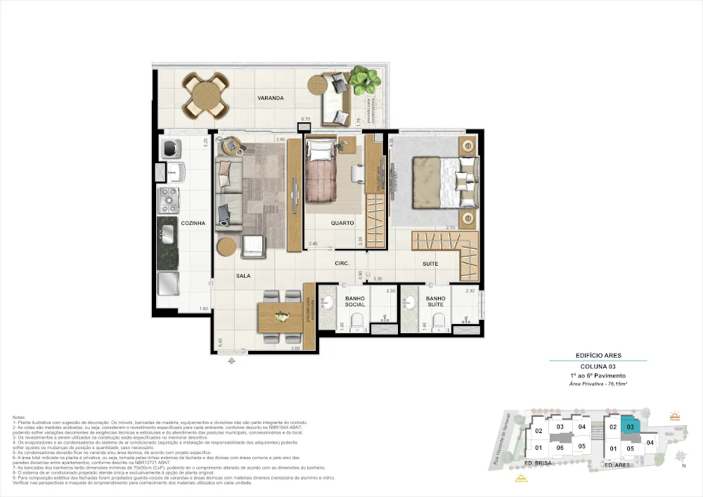 Bloco 02 Coluna 03 - Área Privativa 76,15m²