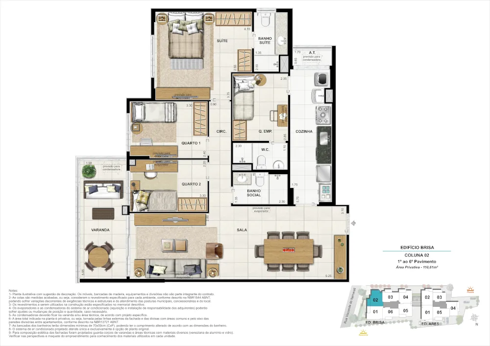 Bloco 01 Coluna 02 - Área Privativa 110,61m²